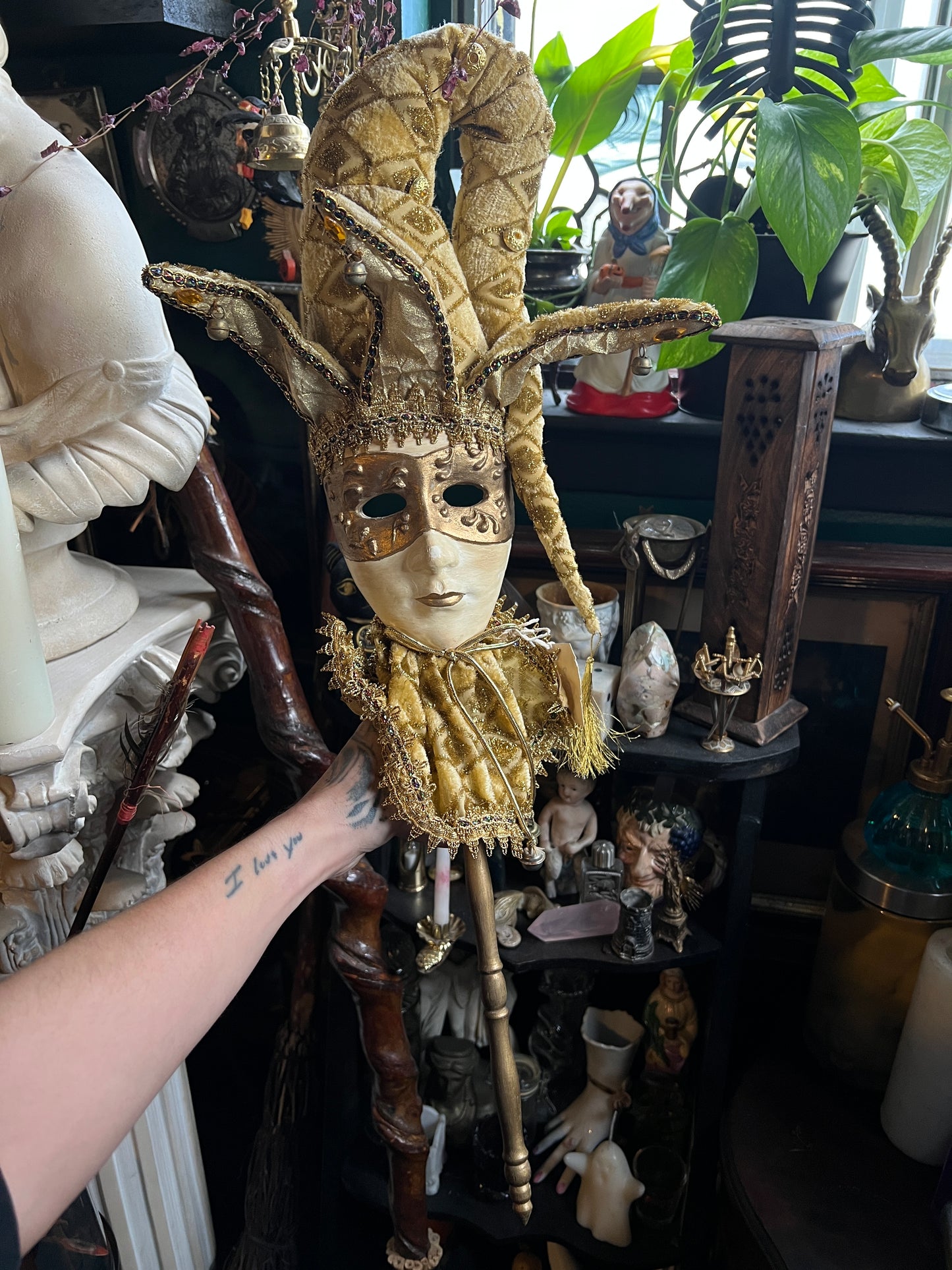 Ornate Gold Venetian Jester Mask Decorative Wand