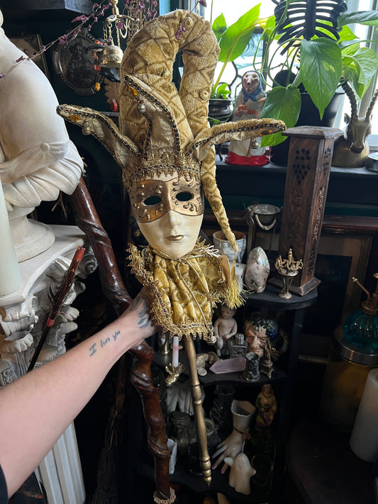 Ornate Gold Venetian Jester Mask Decorative Wand