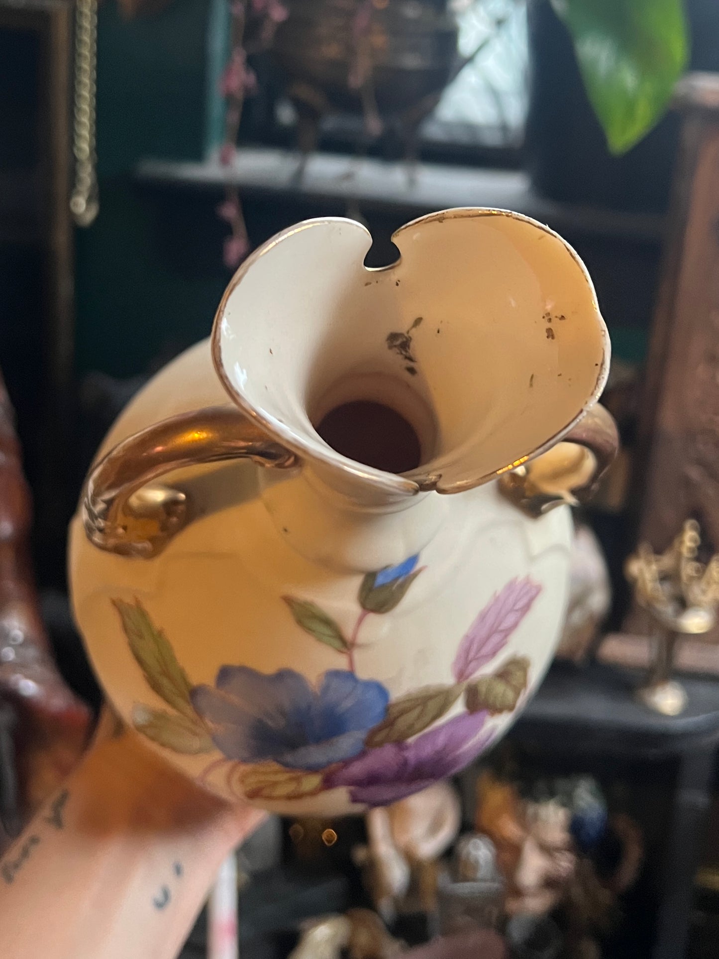 Antique Ivory Floral Hand Painted Double Handle Vase