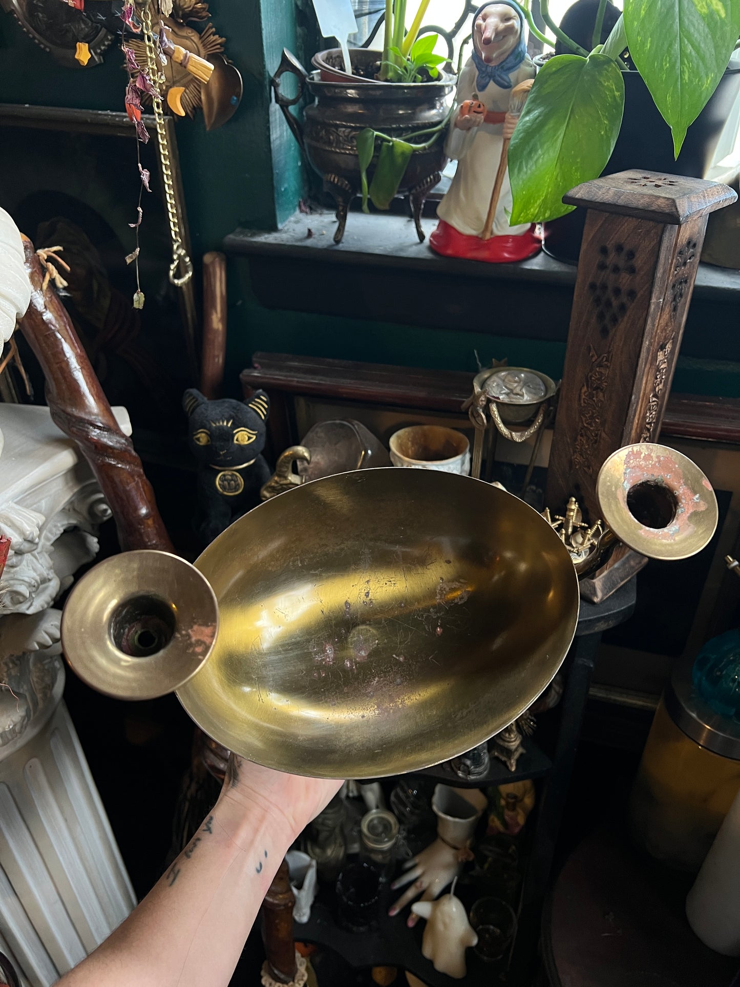 Vintage Brass Centerpiece Bowl with Double Candelabra Arms
