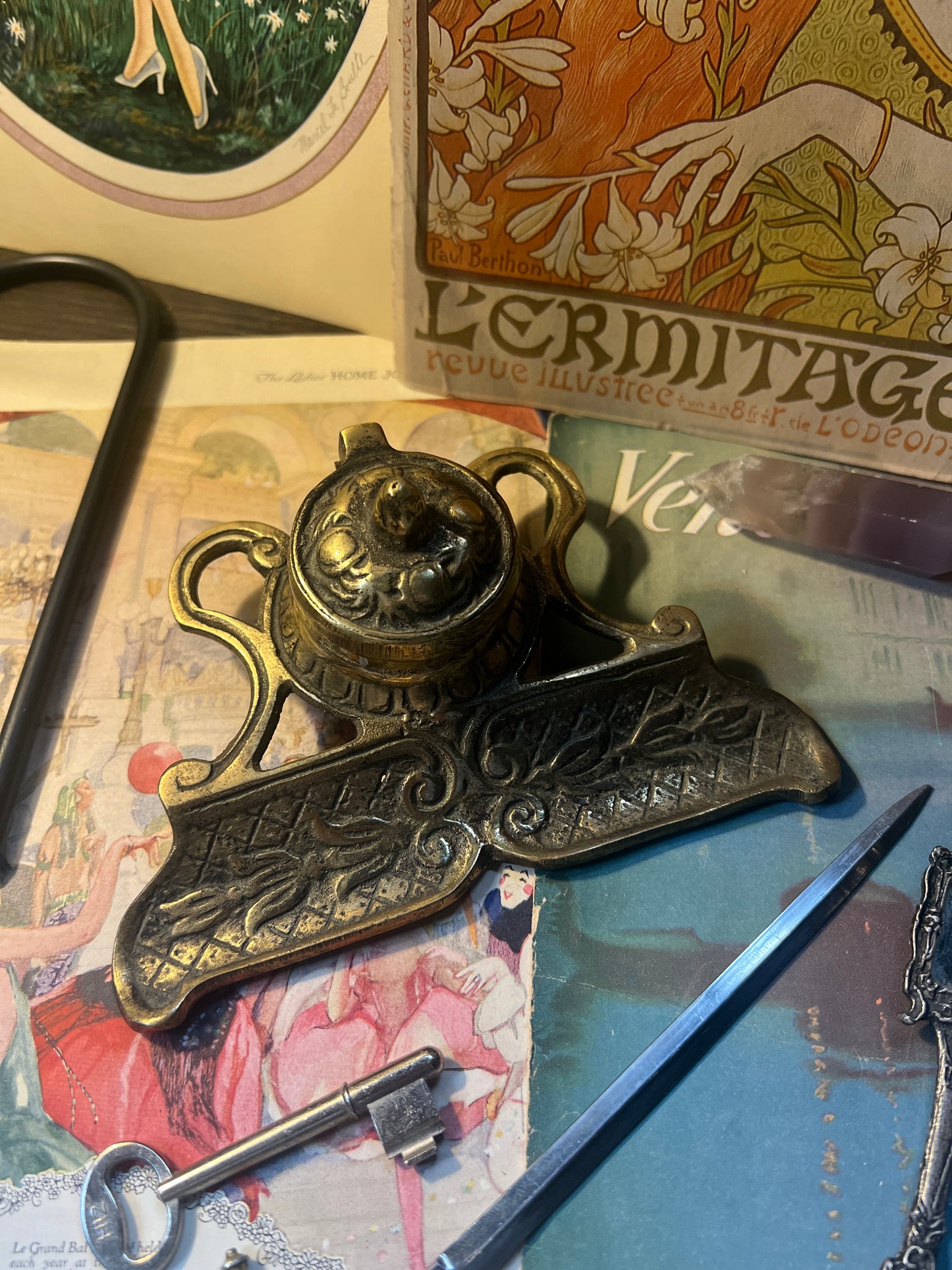 Brass Art Nouveau Style Inkwell