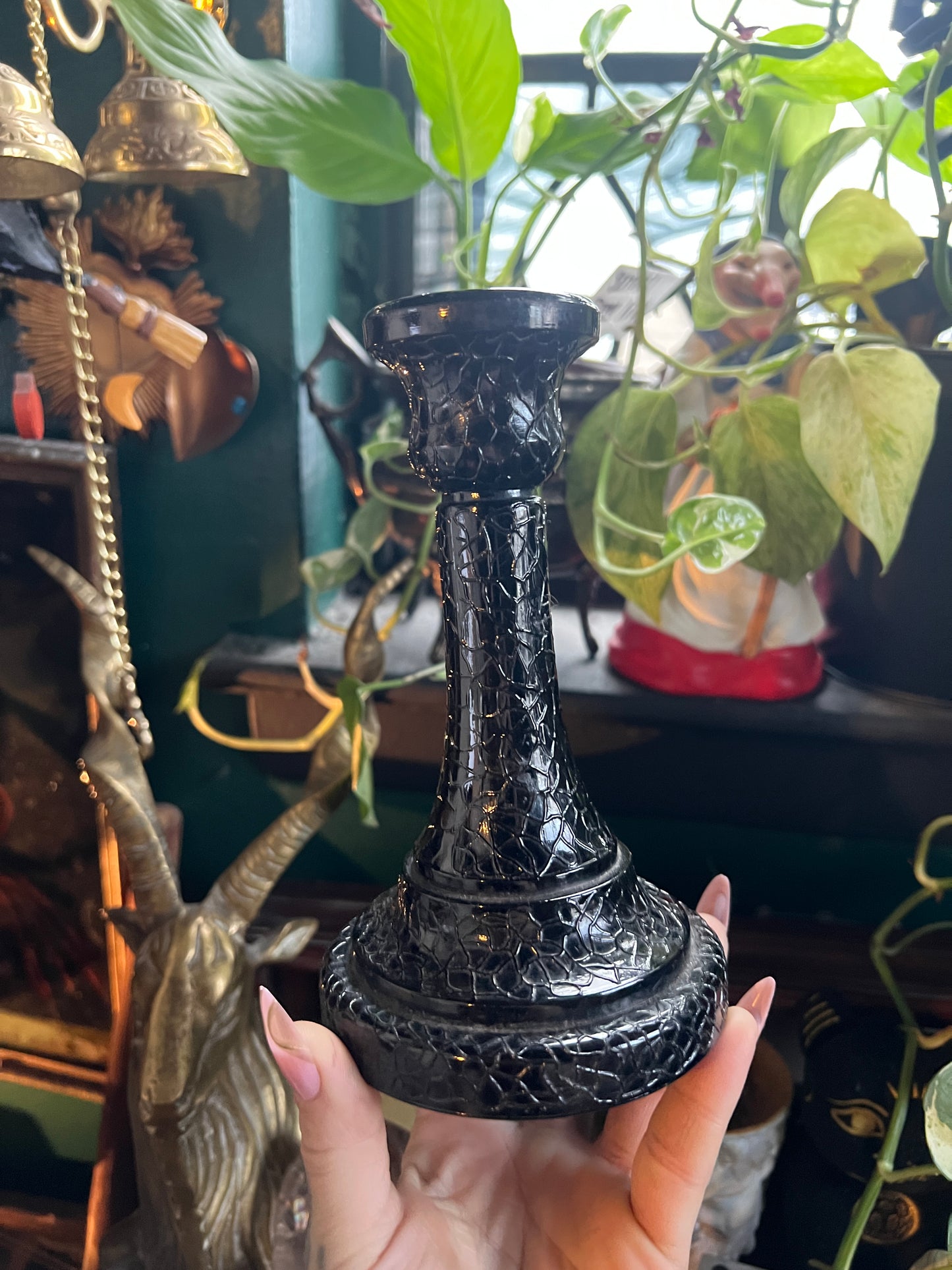 Black Crackle Glass Candlestick Holder