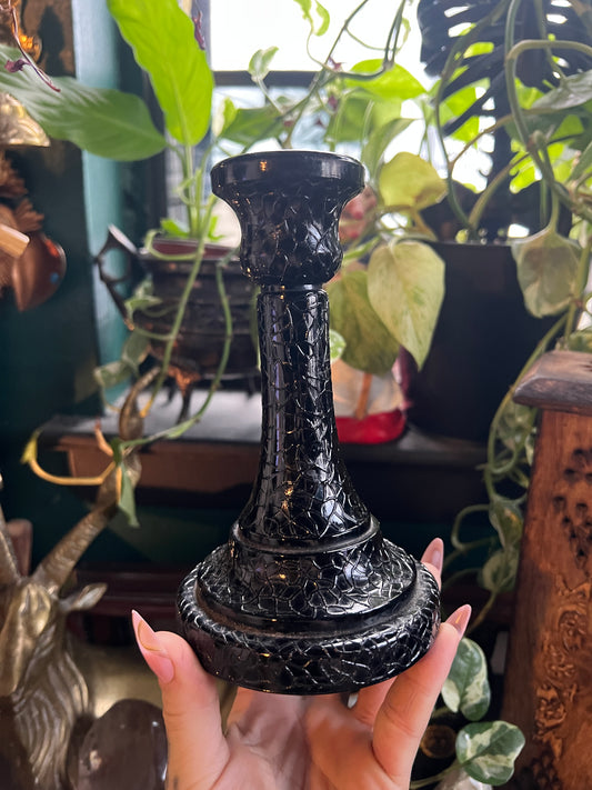 Black Crackle Glass Candlestick Holder