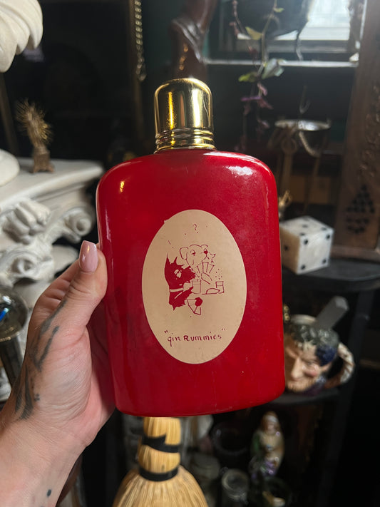1950s Scotty Dog ‘Gin Rummies’ Red Glass Flask