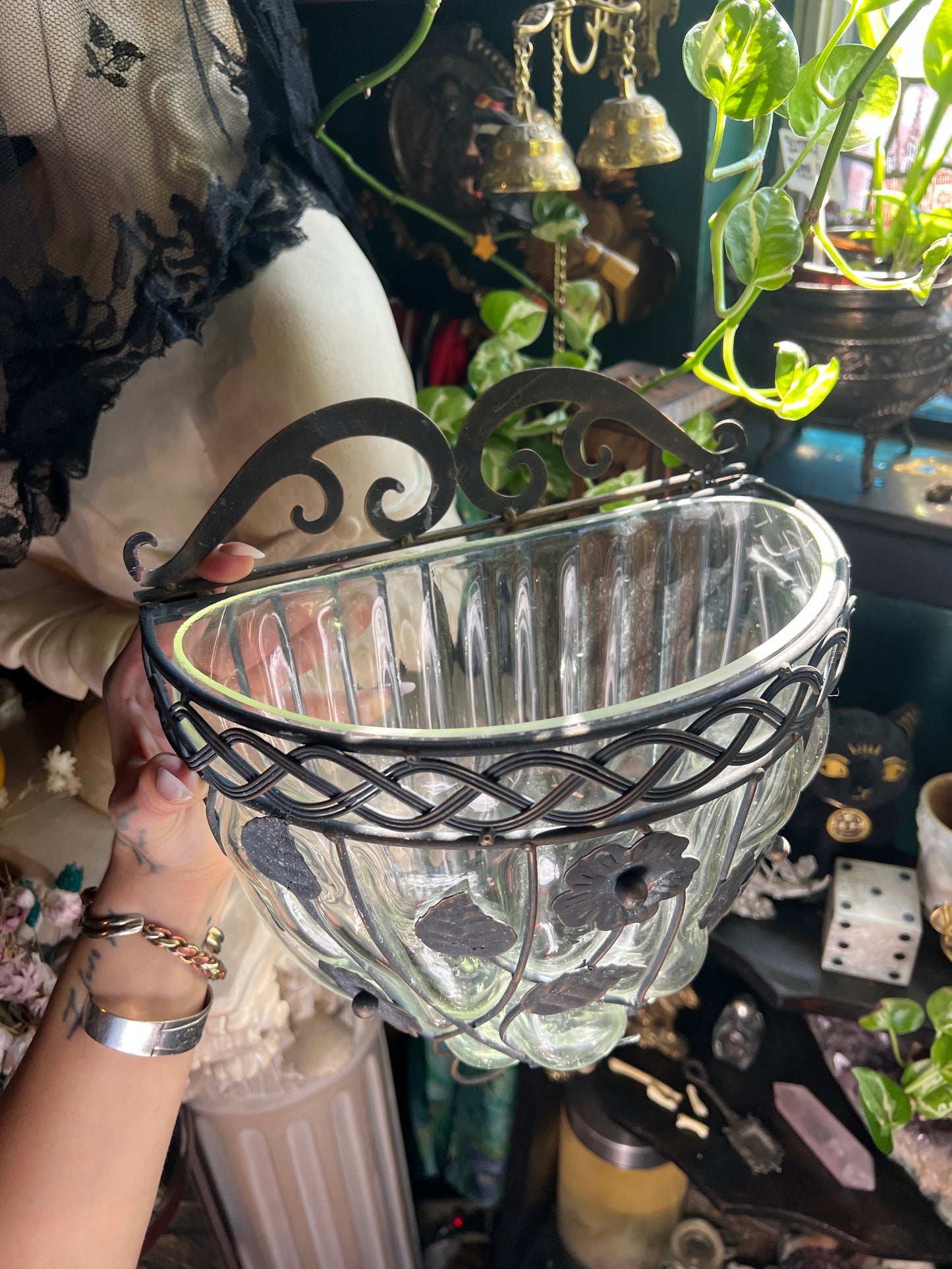 Wrought Iron and Cagwd Glass Wall Pocket Planter
