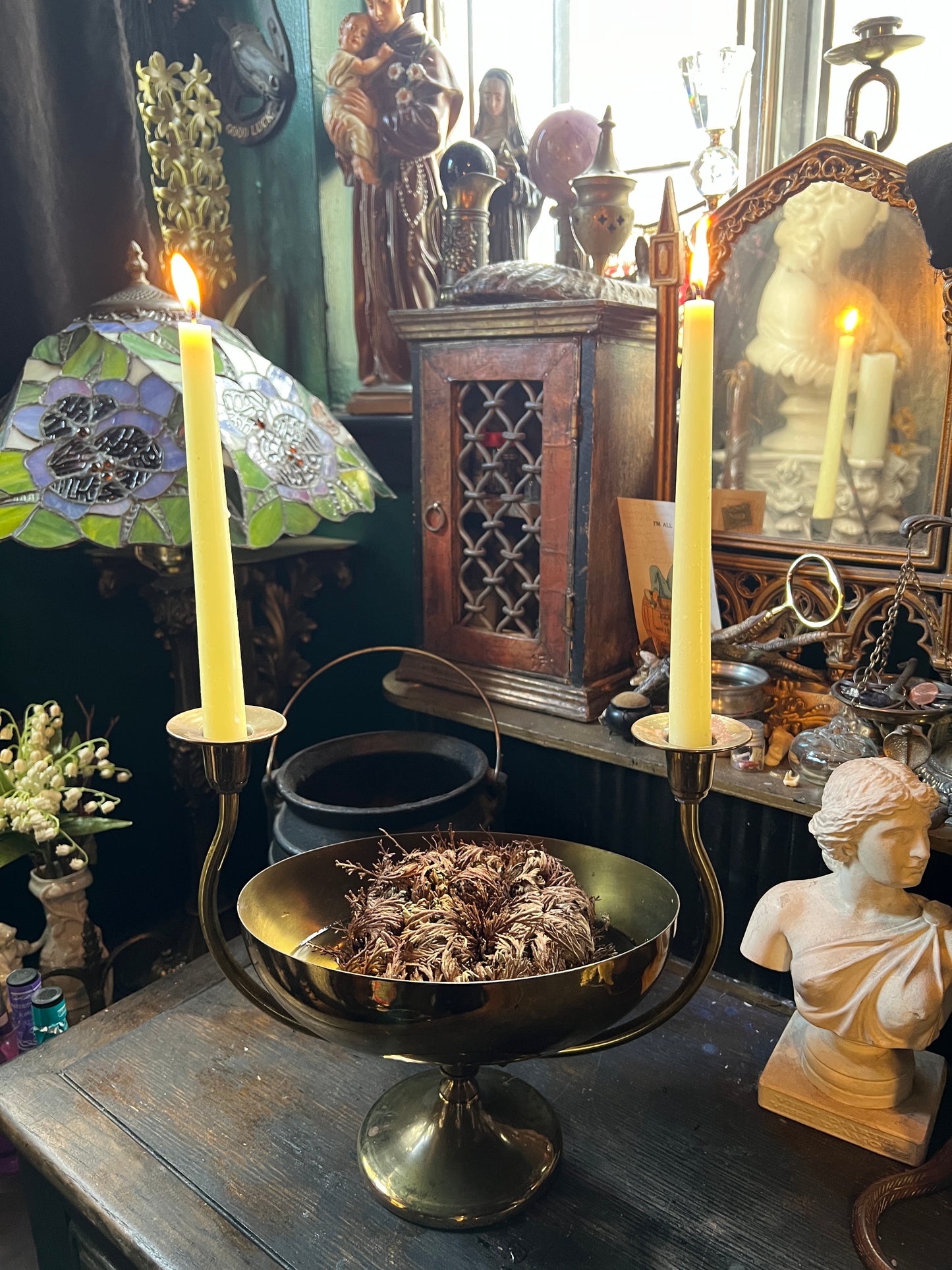 Vintage Brass Centerpiece Bowl with Double Candelabra Arms