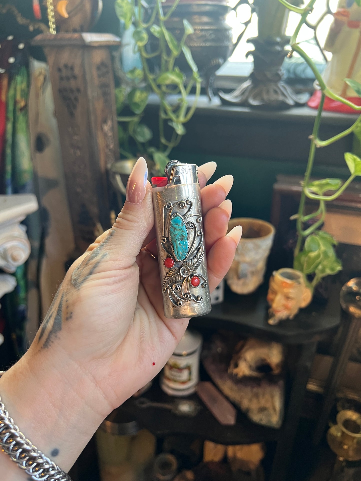 Silver Turquoise & Coral Lighter Cover