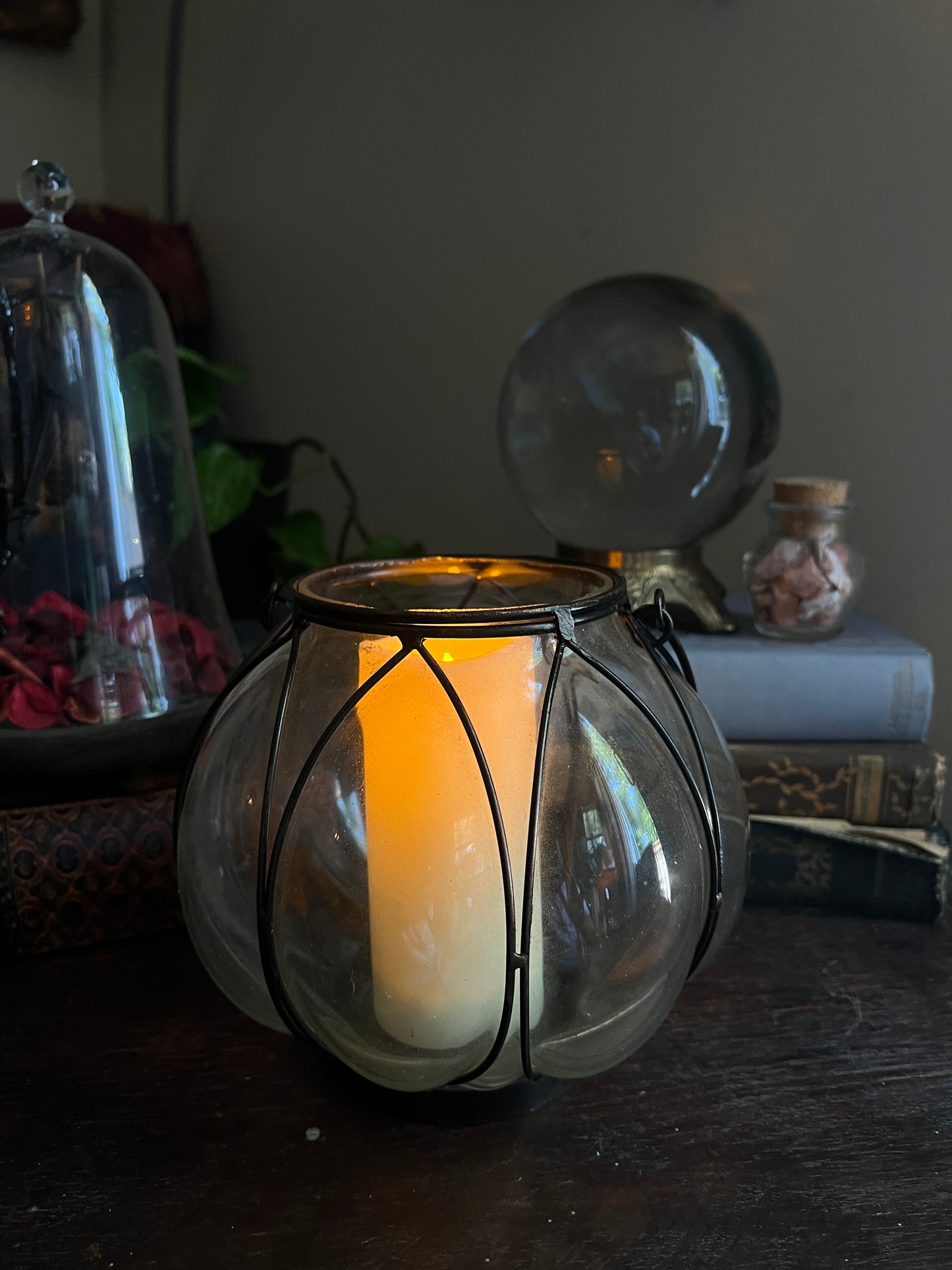 Ribbed Glass and Wire Cage Candle Holder / Lantern with Handle