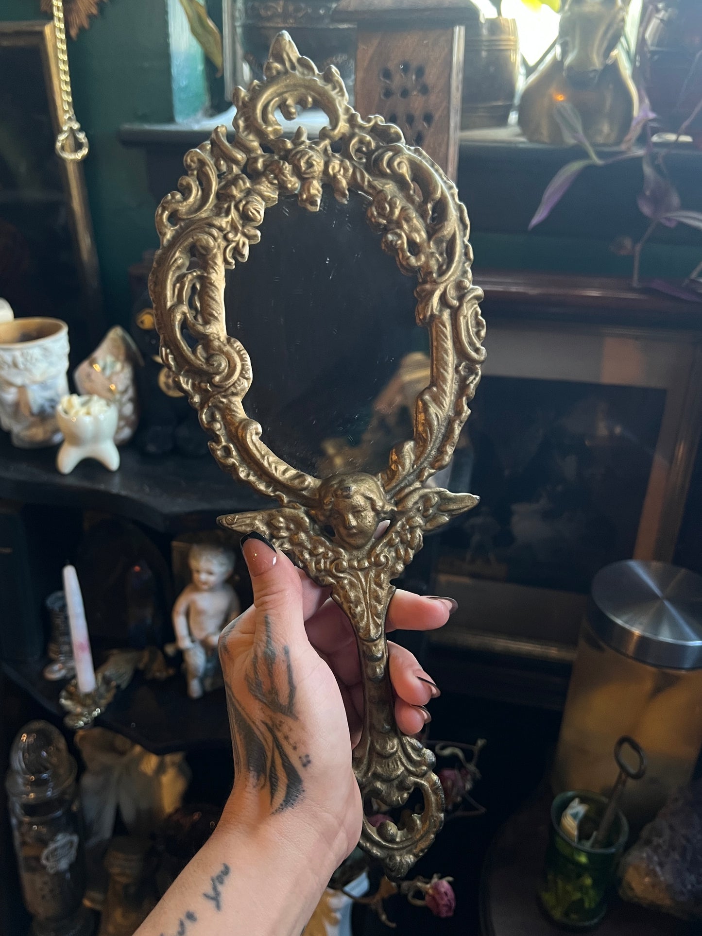 Brass Cherub Hand Mirror