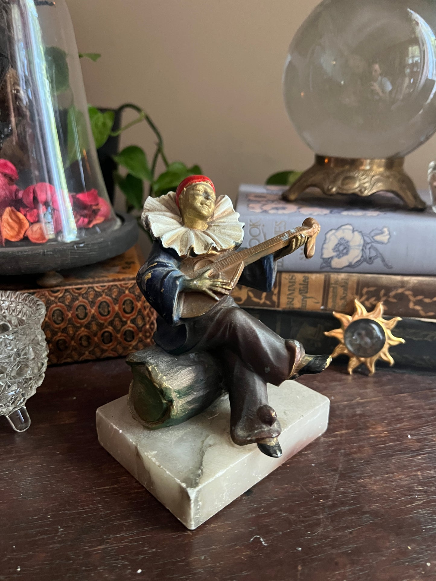 Cold-Painted Spelter/Bronze Pierrot Figurine Deco - Mandolin Player on Marble