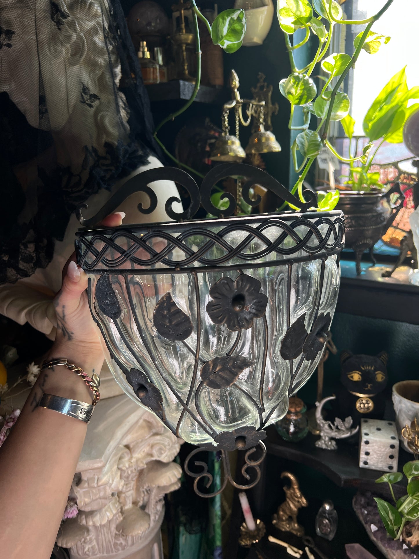 Wrought Iron and Cagwd Glass Wall Pocket Planter