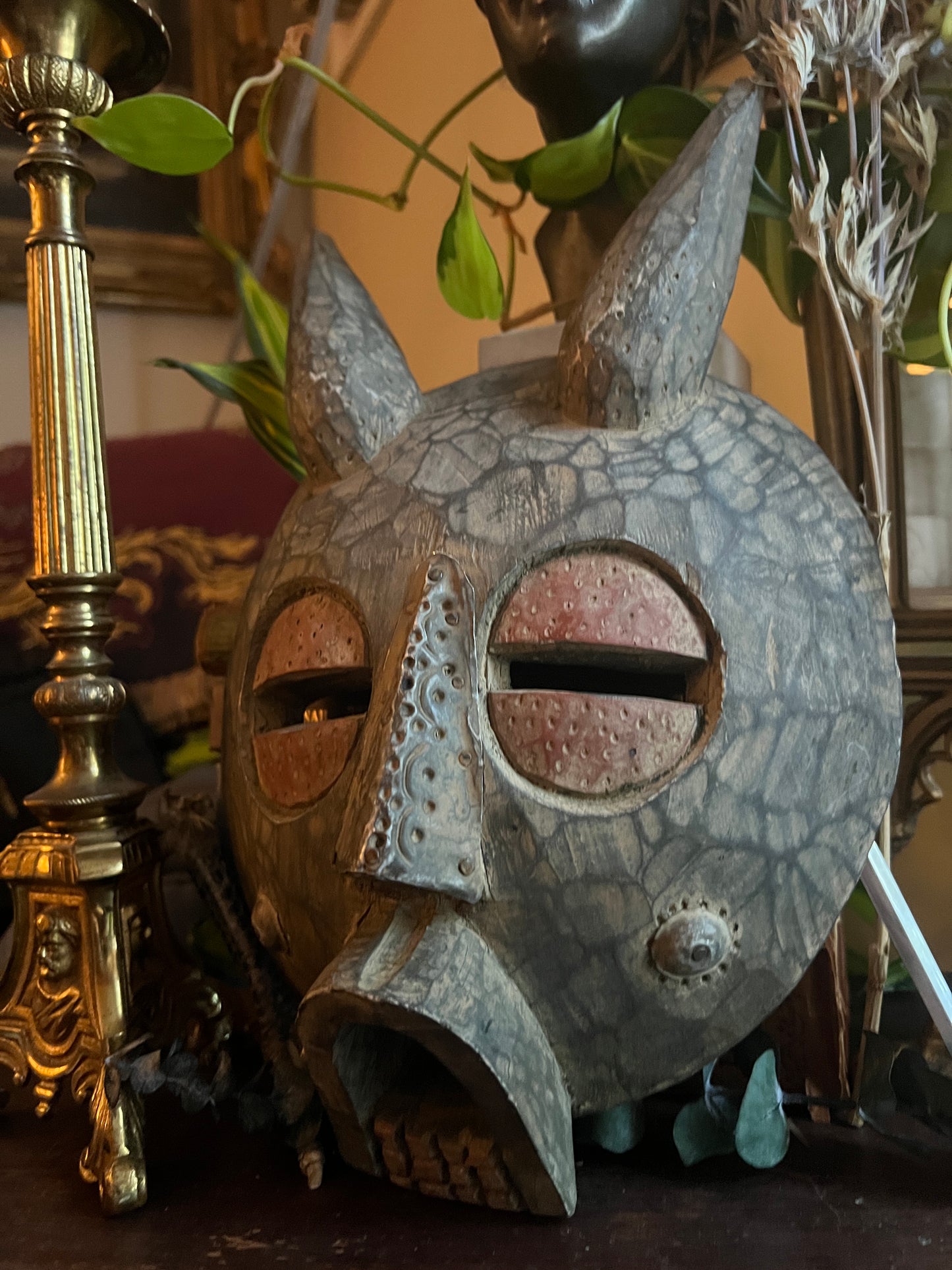 Carved Wooden African Tribal Horned Mask Made In Ghana