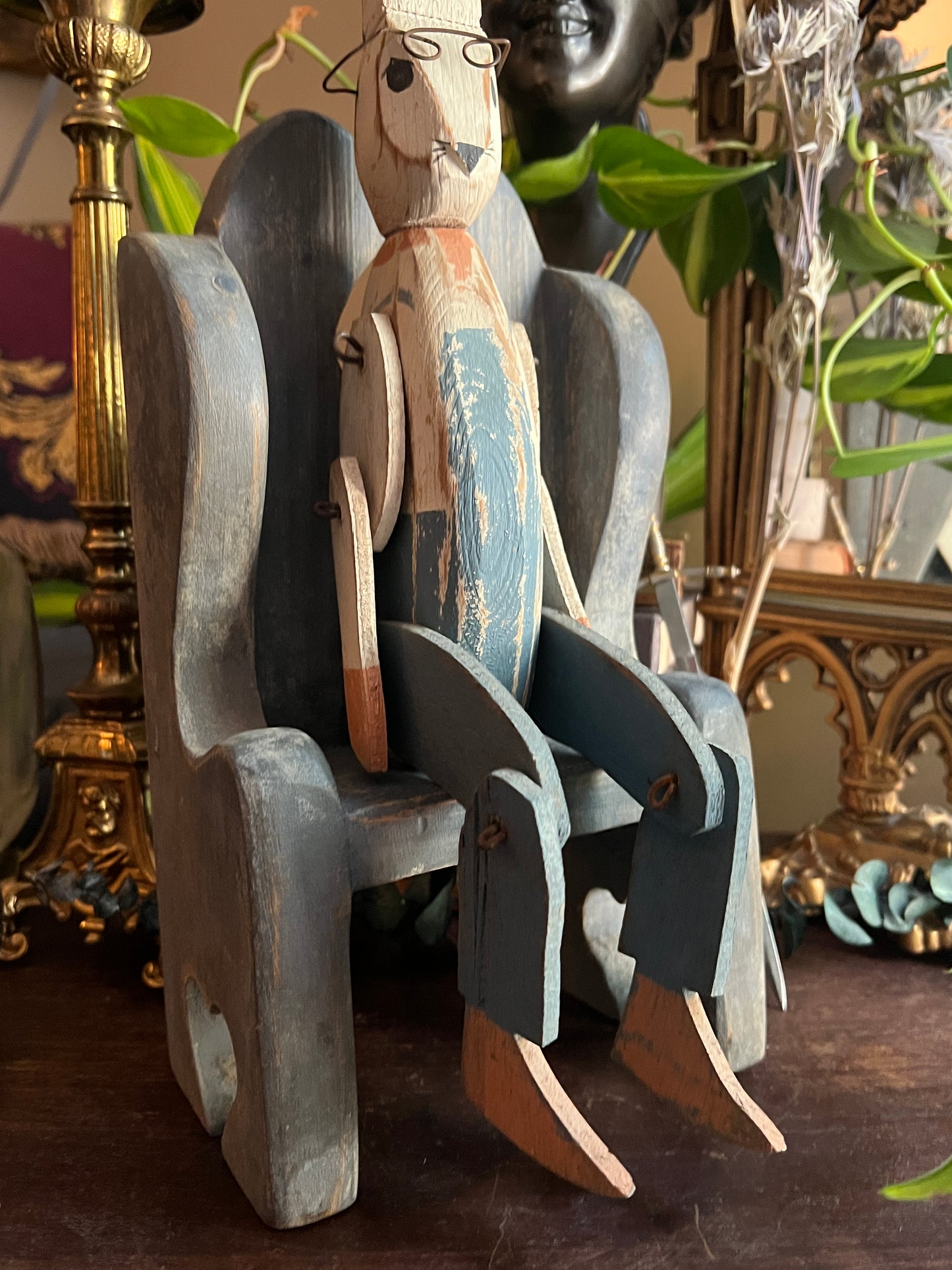 Hand-Carved Wooden Articulated Rabbit in Chair Figurine
