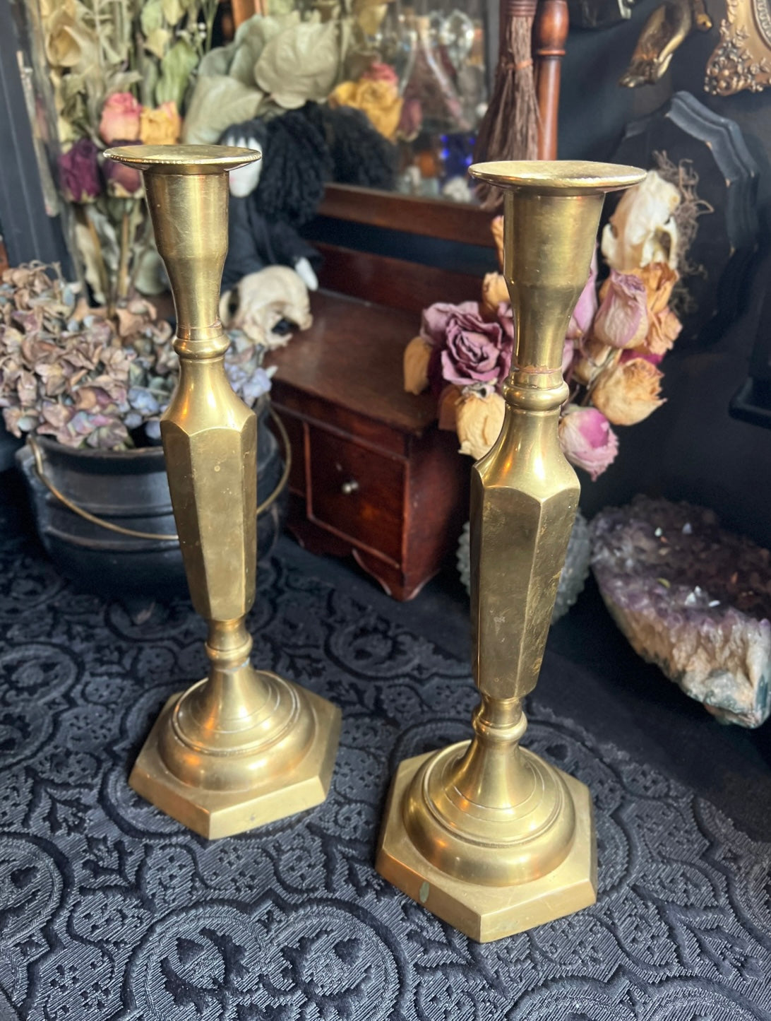 Pair of Solid Brass Hexagon Candle Holders