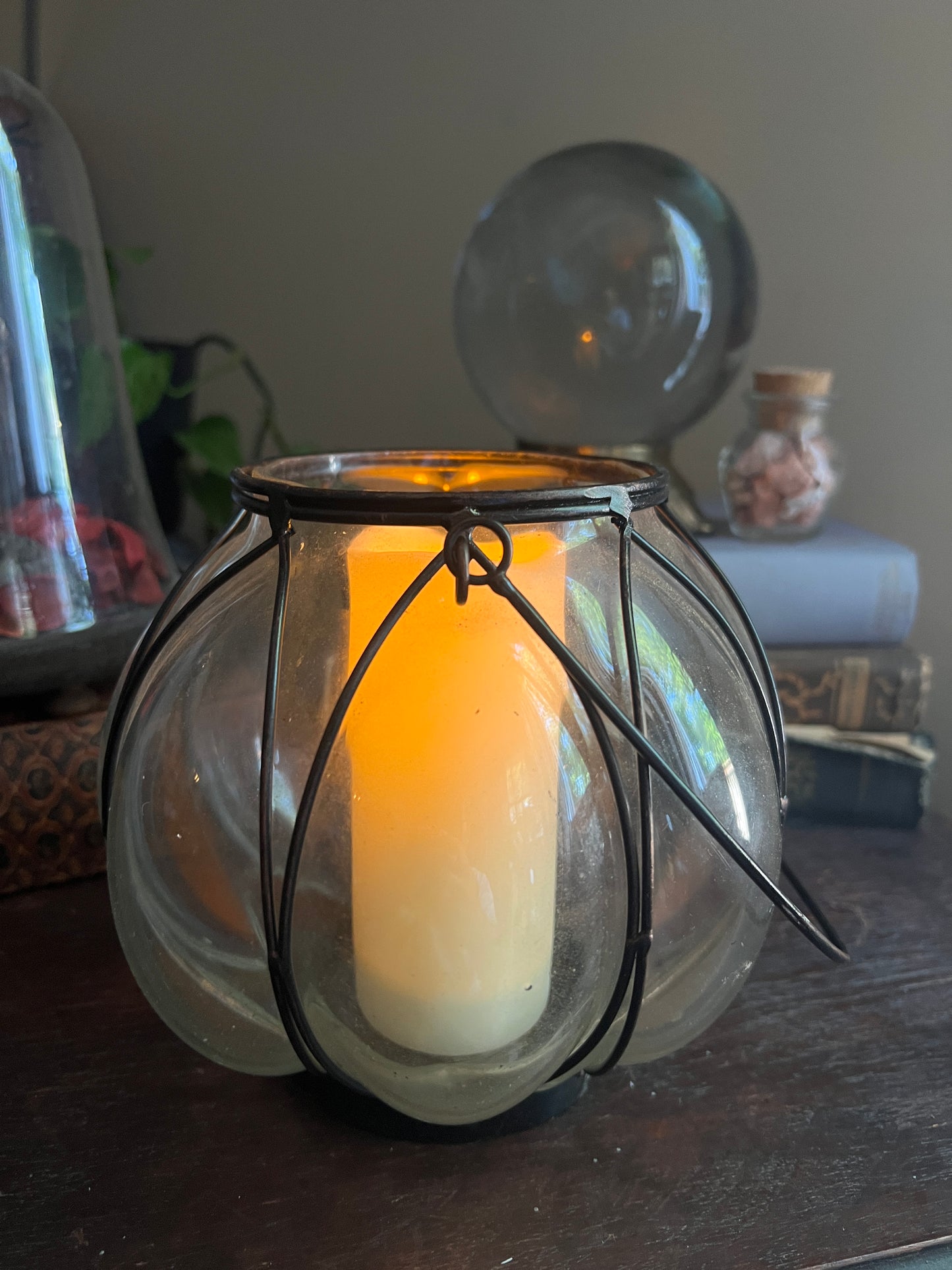 Ribbed Glass and Wire Cage Candle Holder / Lantern with Handle