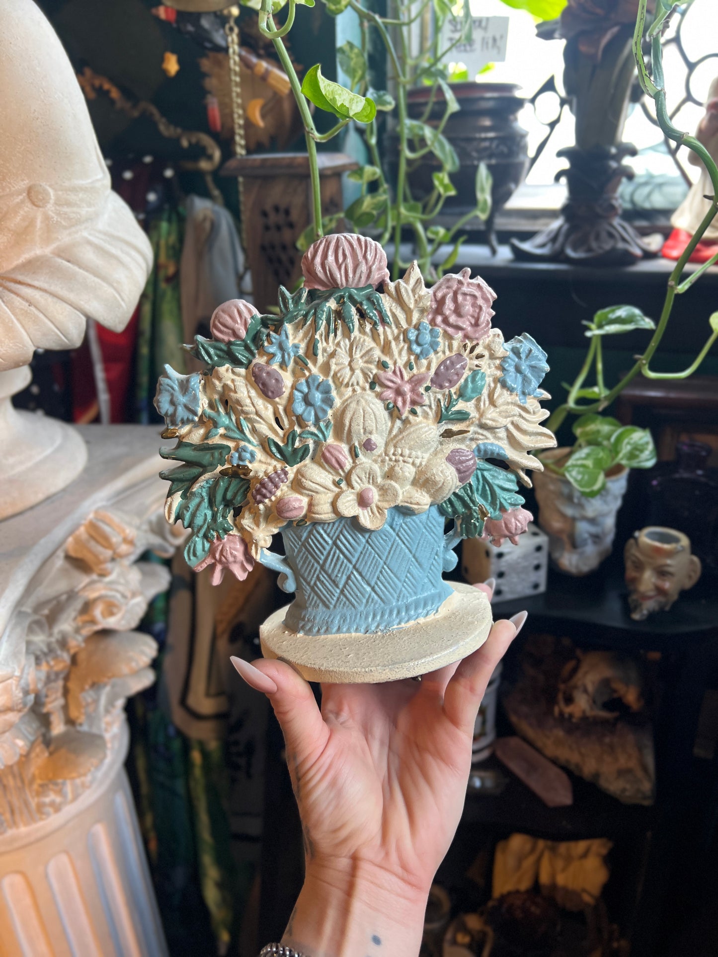 Antique Cast Iron Flower Basket Door Stopper