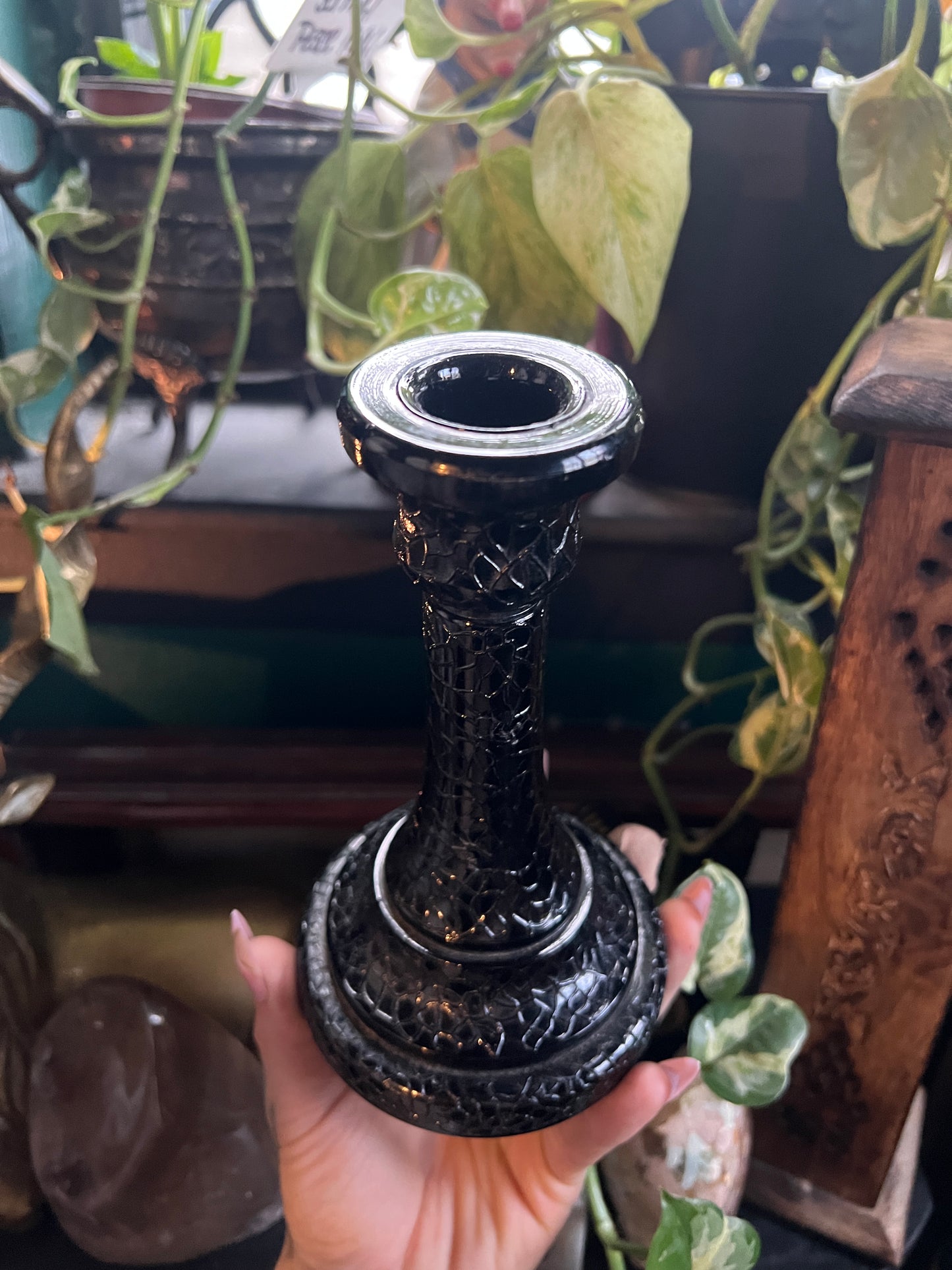 Black Crackle Glass Candlestick Holder