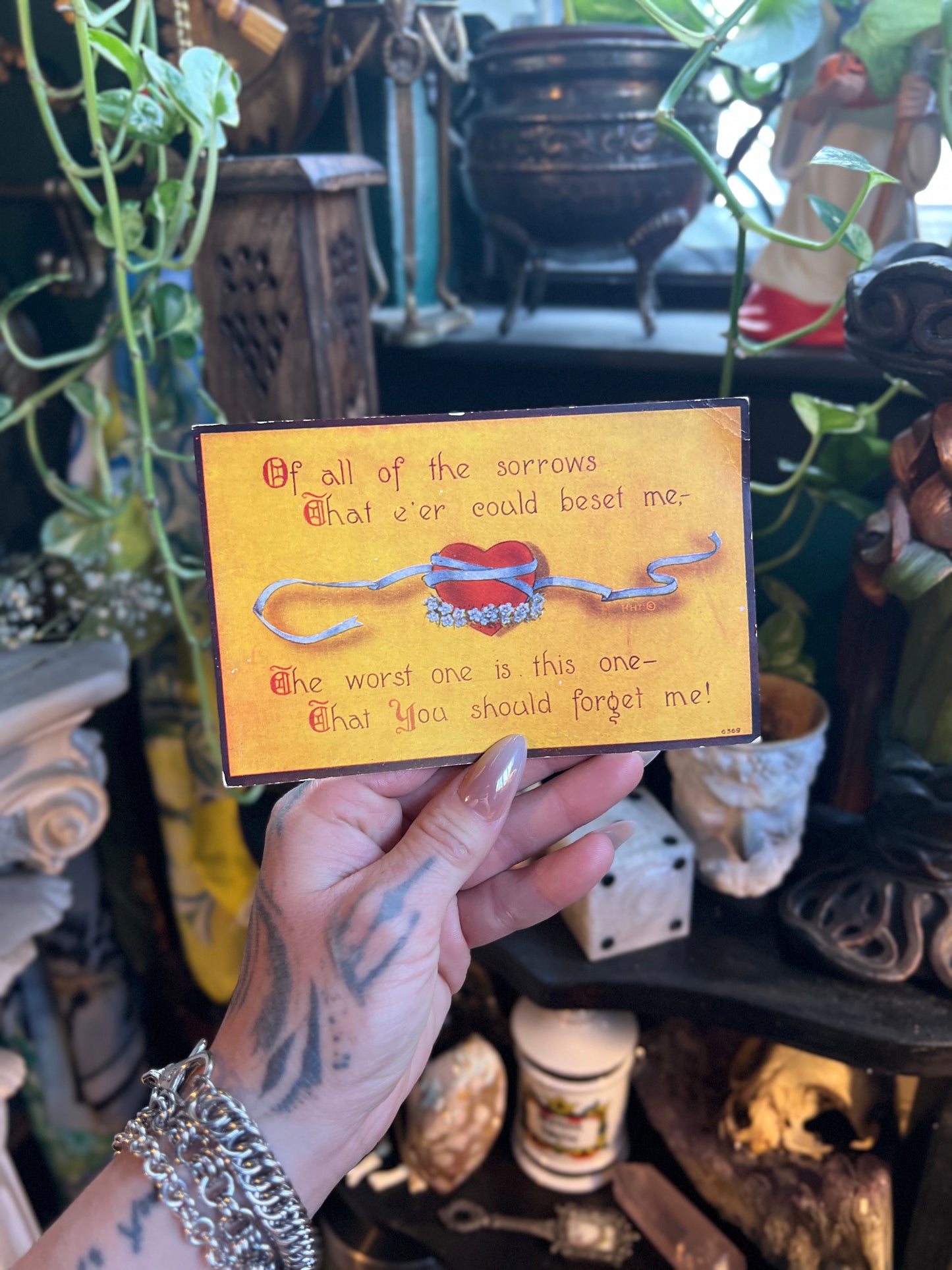 Antique Postcard - Romantic "Forget Me Not" Poem - Heart & Blue Ribbon Illustration - Early 1900s Ephemera