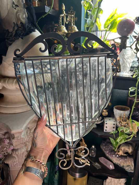 Wrought Iron and Cagwd Glass Wall Pocket Planter