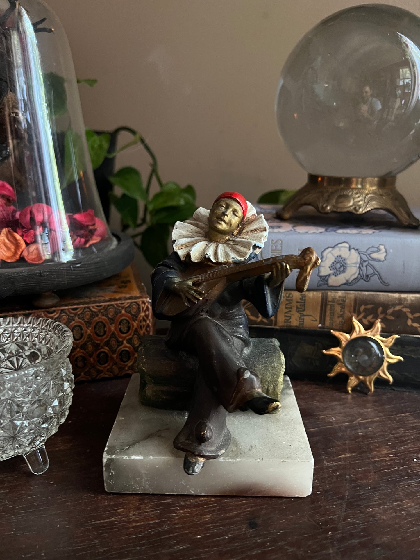 Cold-Painted Spelter/Bronze Pierrot Figurine Deco - Mandolin Player on Marble