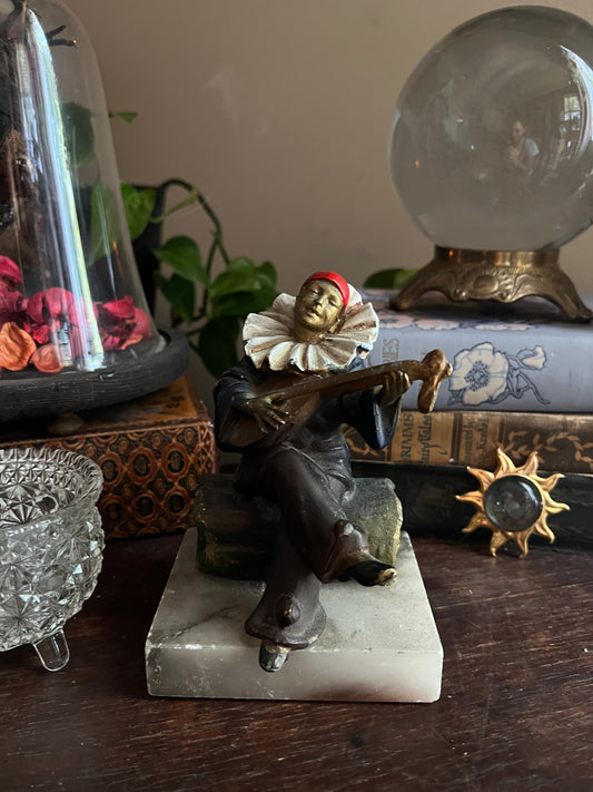 Cold-Painted Spelter/Bronze Pierrot Figurine Deco - Mandolin Player on Marble
