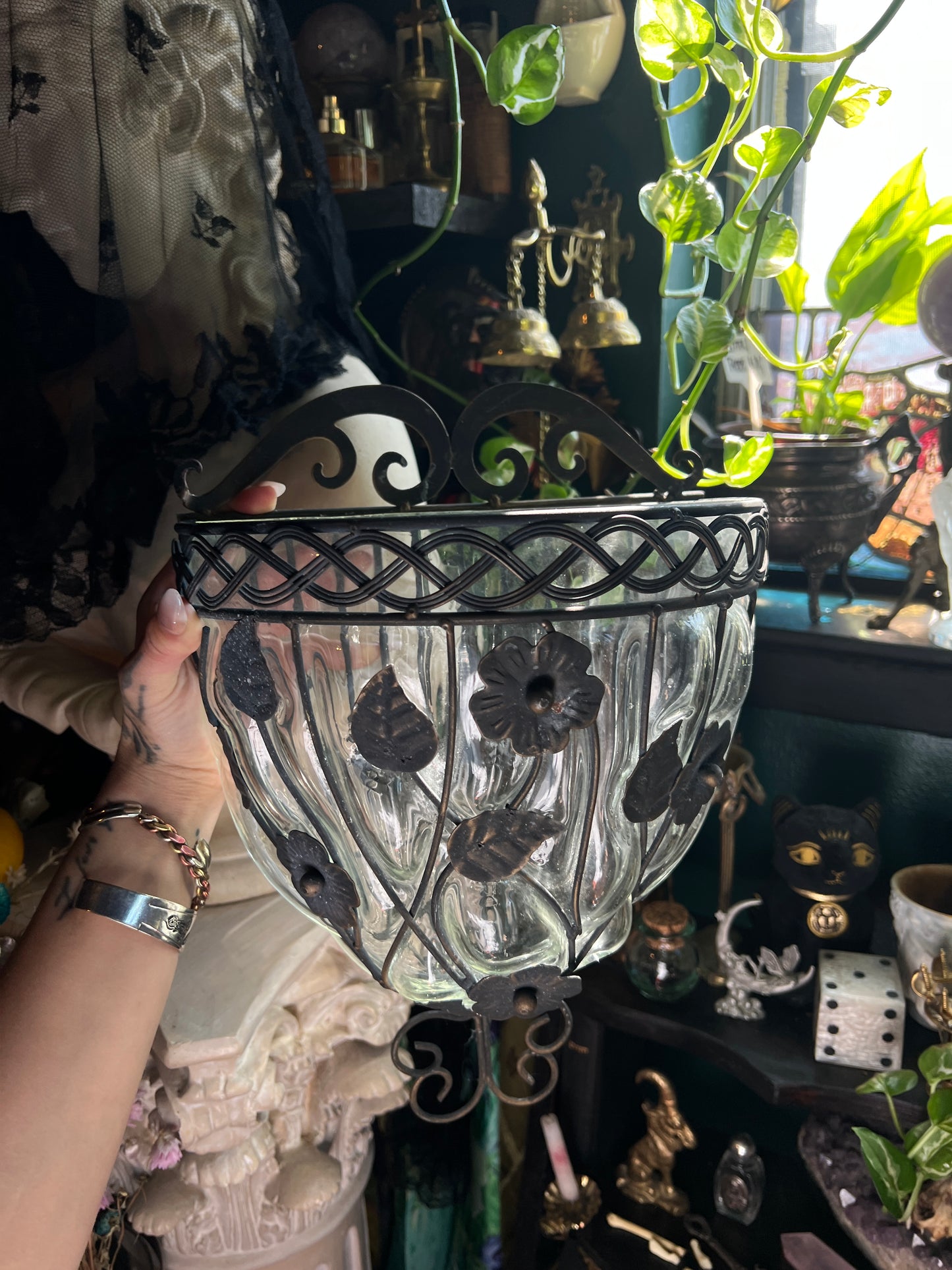 Wrought Iron and Cagwd Glass Wall Pocket Planter