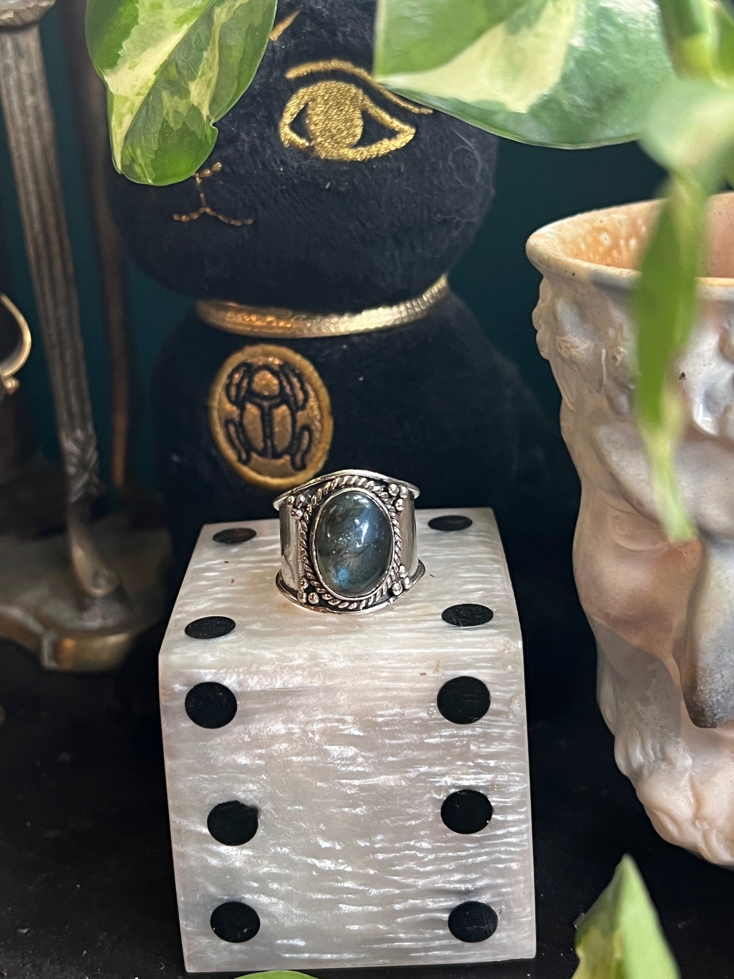 Midnight Aurora Labradorite Ring | Ornate Sterling Silver Wide Band