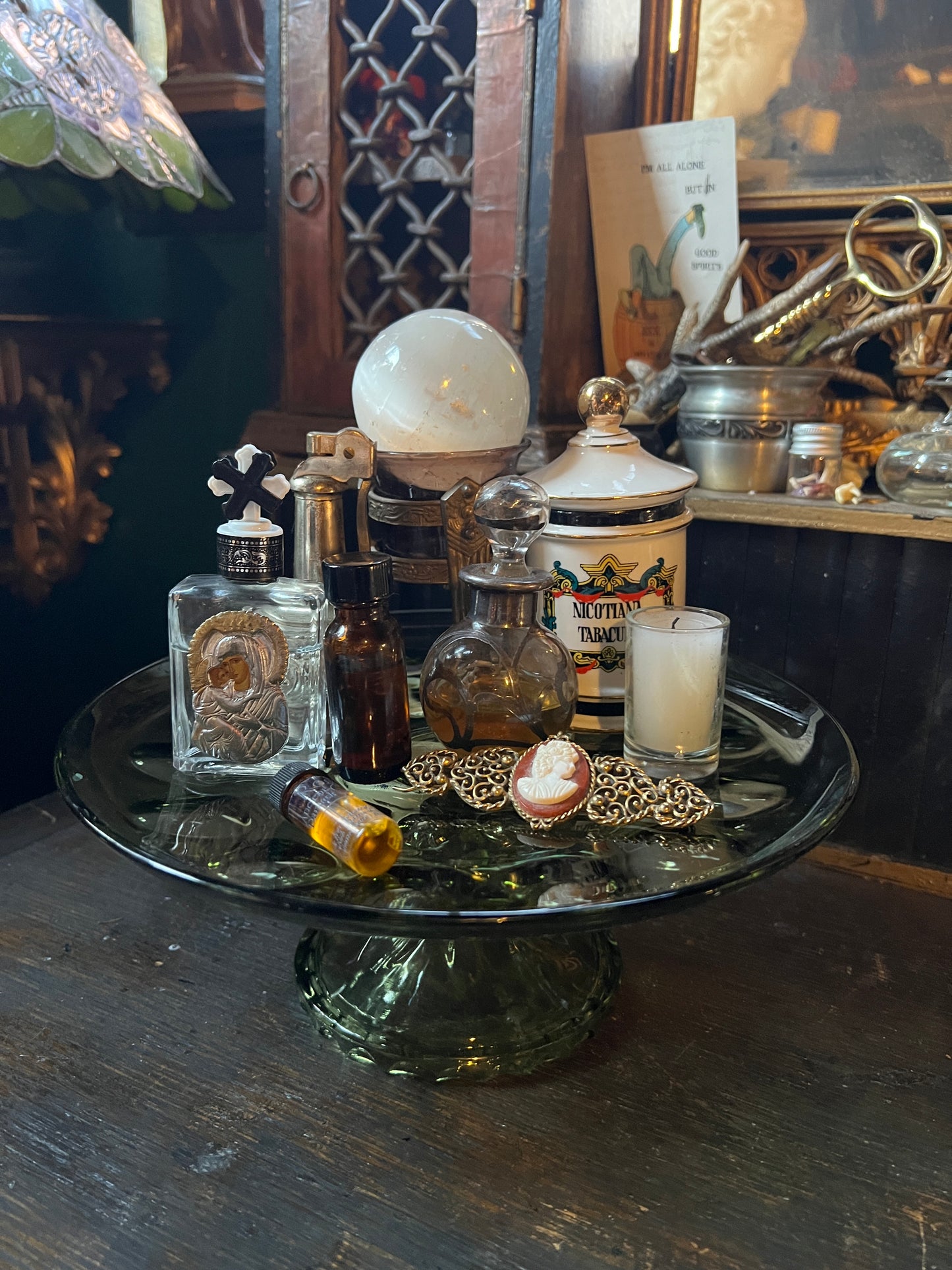 Thumbprint Green Glass Pedestal Dish