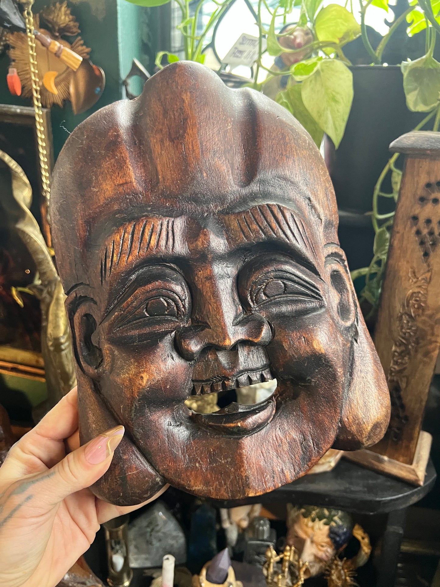 Hand Carved Wooden Laughing Buddha Mask