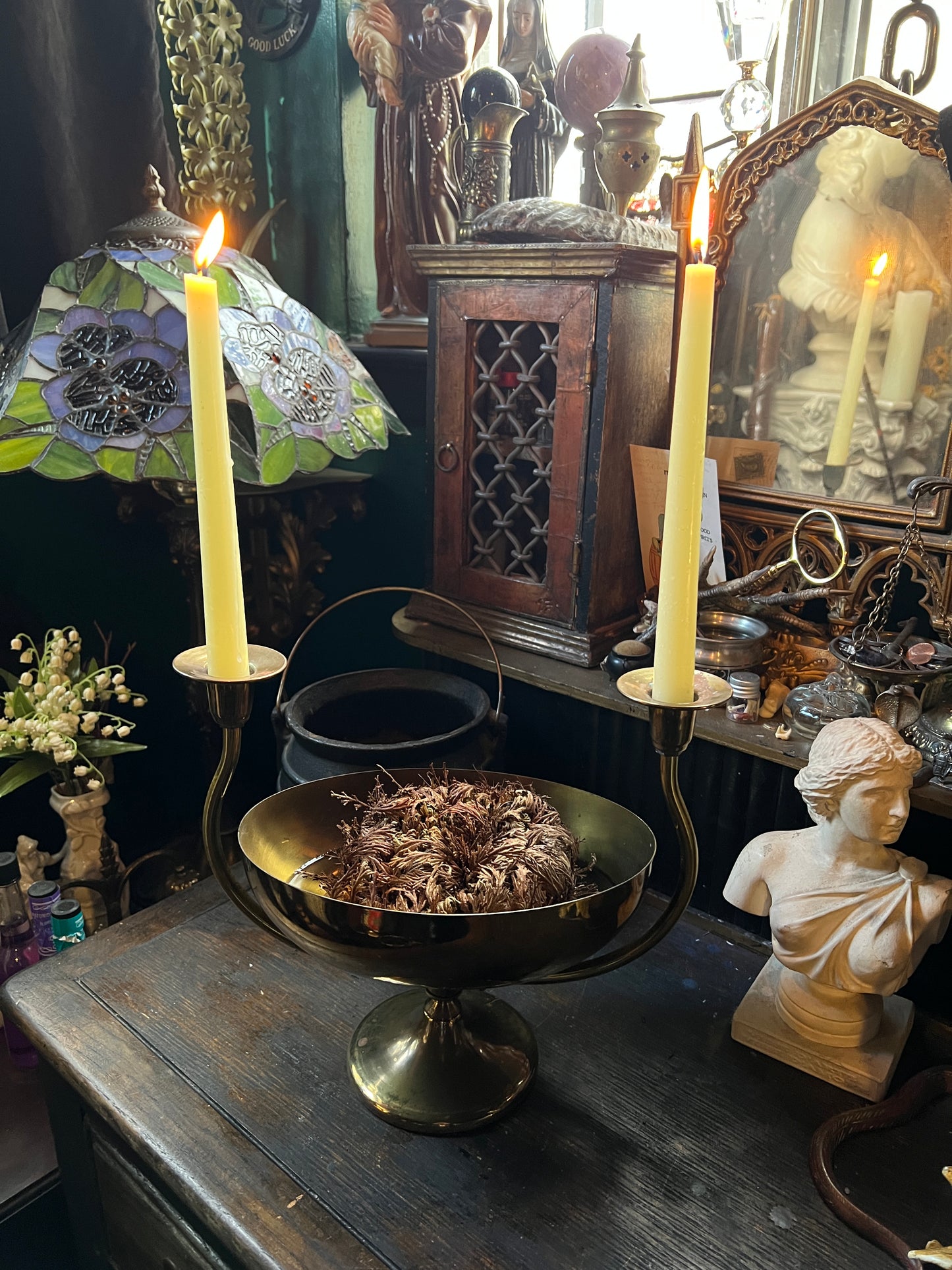 Vintage Brass Centerpiece Bowl with Double Candelabra Arms