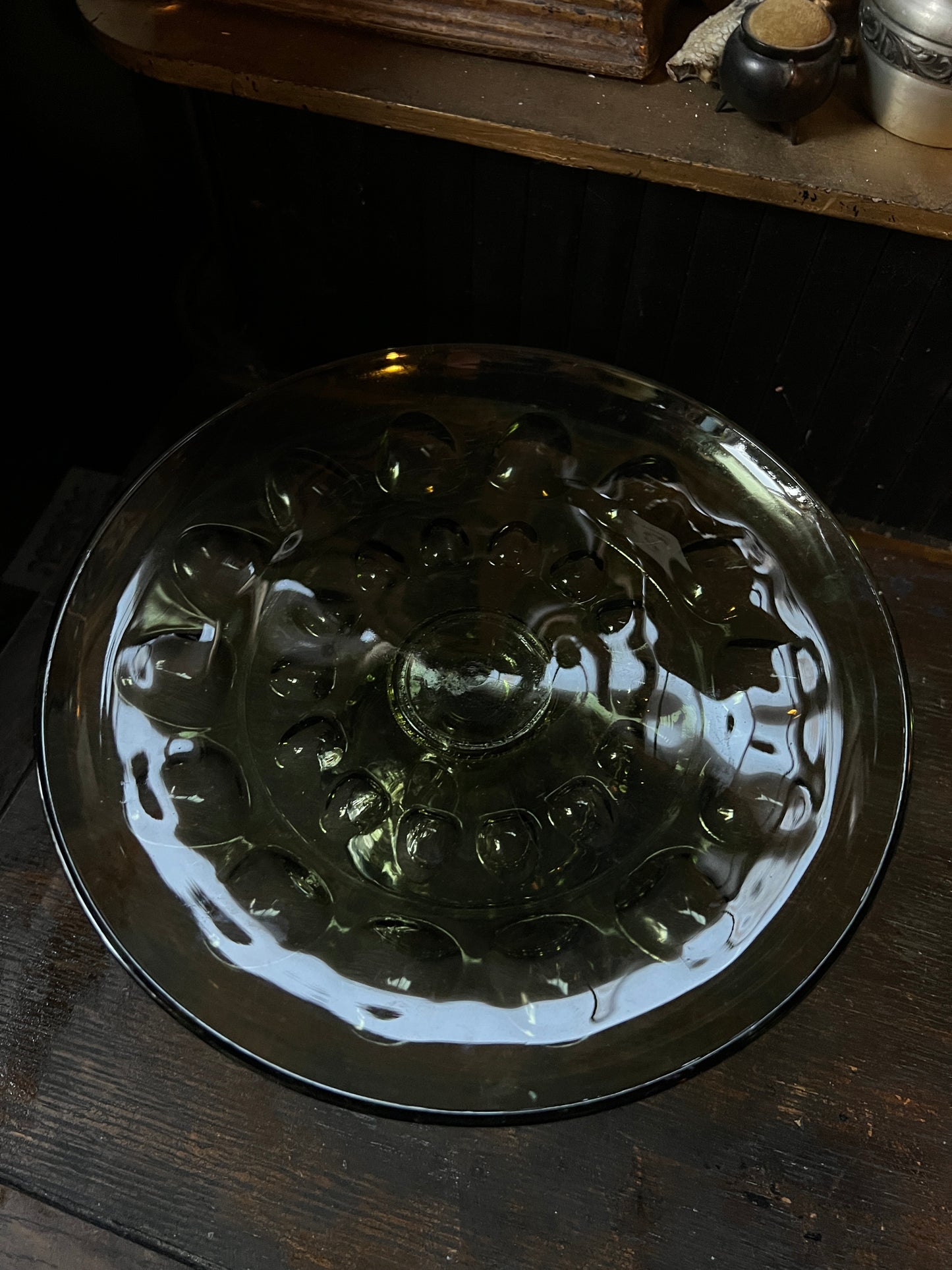 Thumbprint Green Glass Pedestal Dish