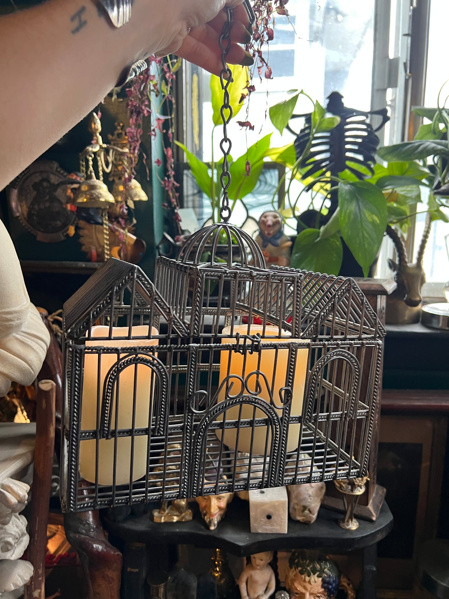 Metal Hanging Wire Bird Cage House Decor w Hinged Top Plants Ornate Rustic