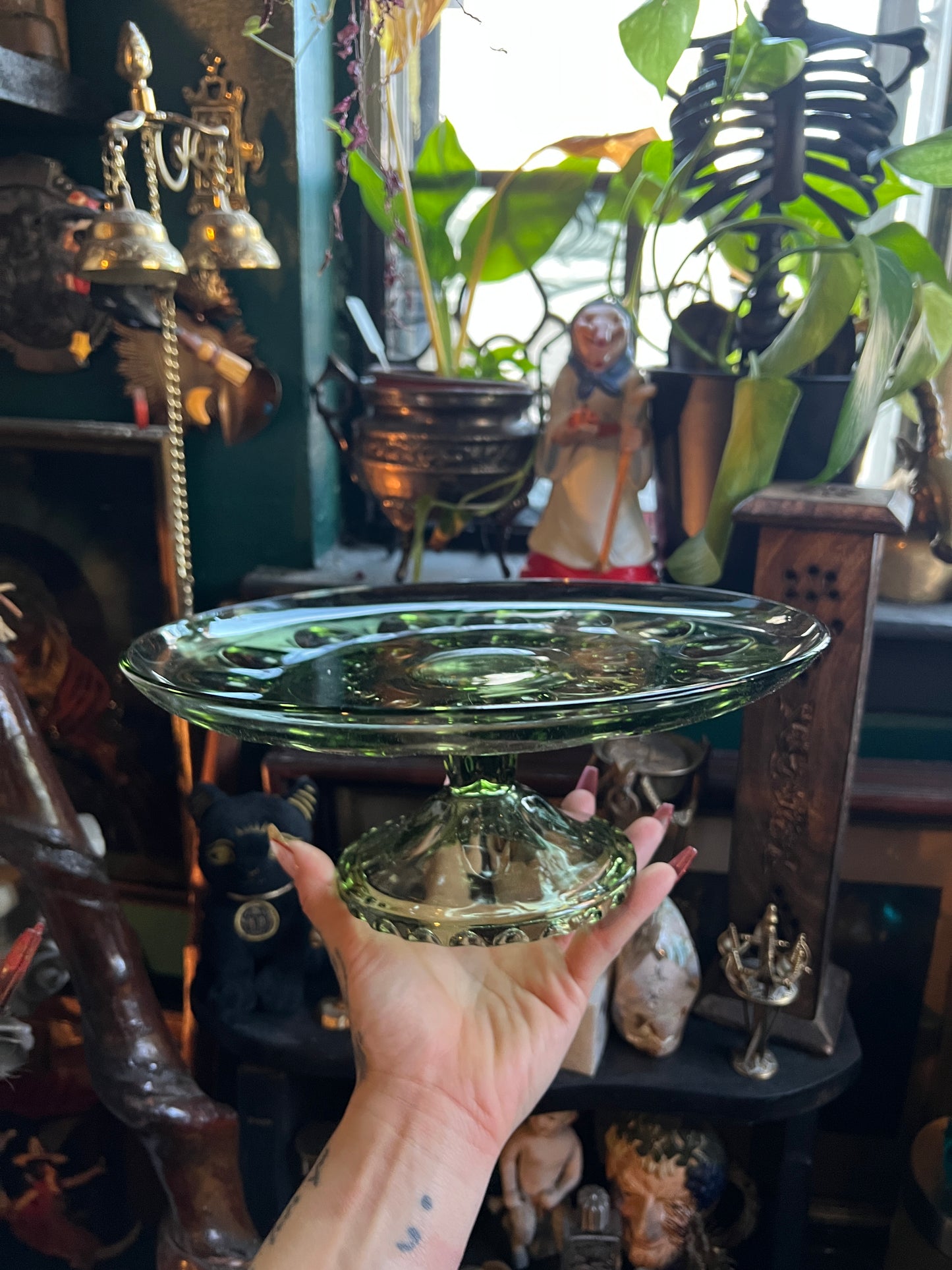 Thumbprint Green Glass Pedestal Dish