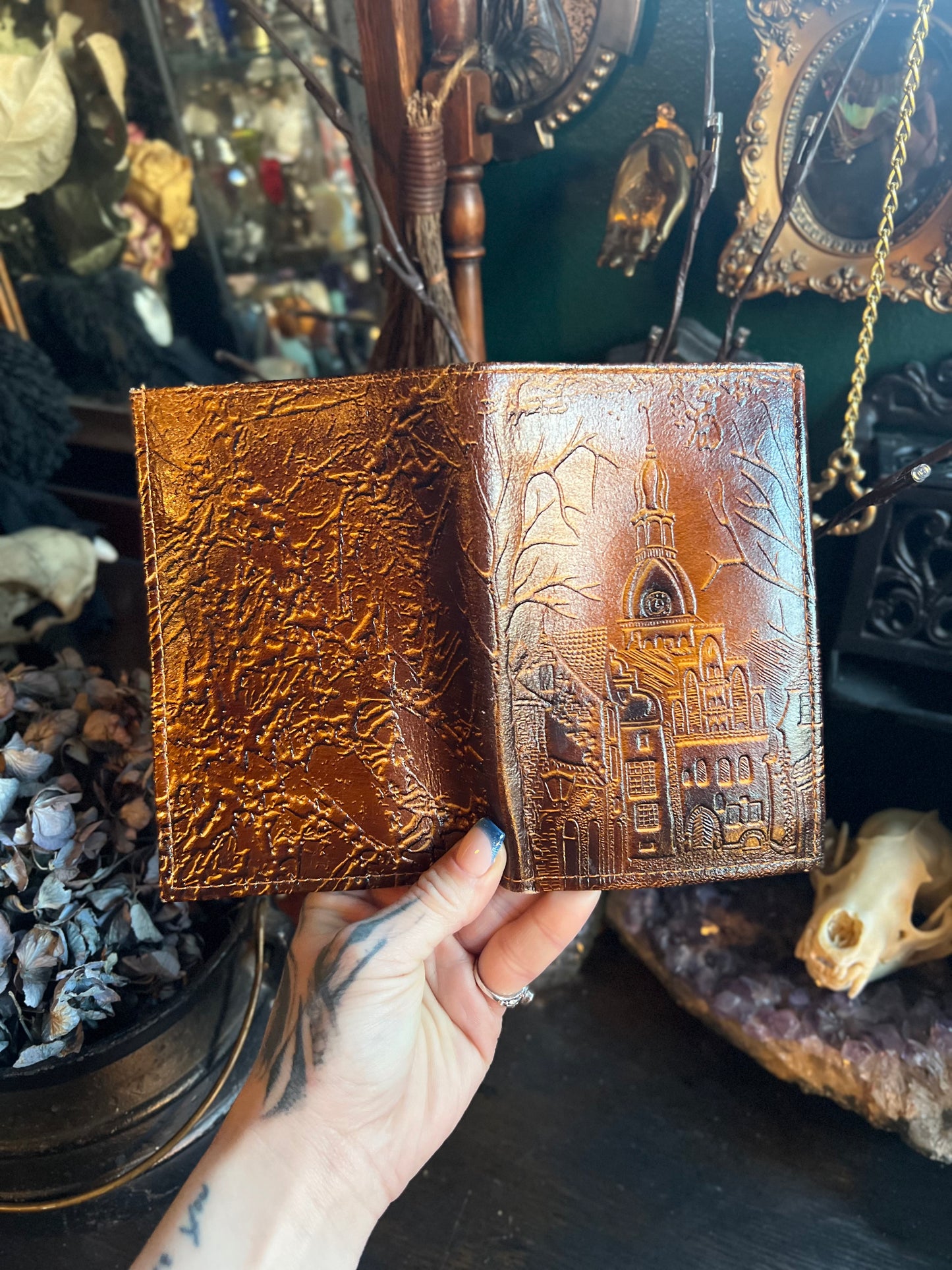 Vintage Hand Tooled Leather Wallet & Keychain