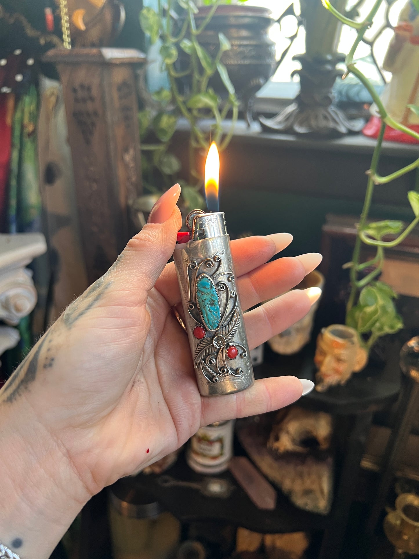 Silver Turquoise & Coral Lighter Cover