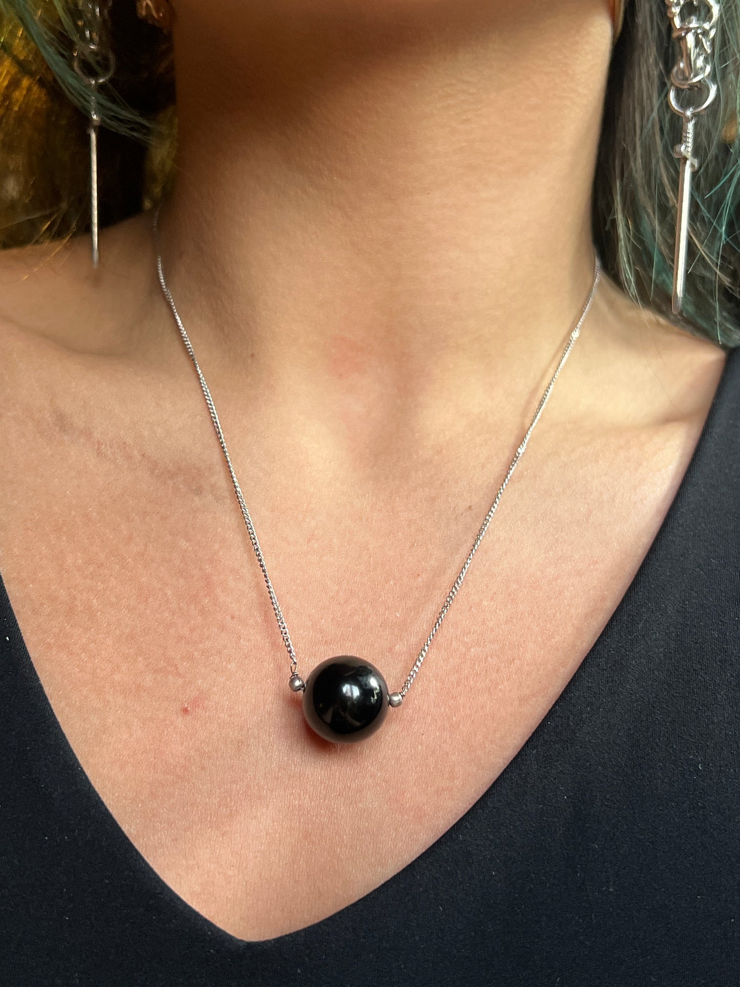 Minimalist Black Onyx Floating Sphere Necklace