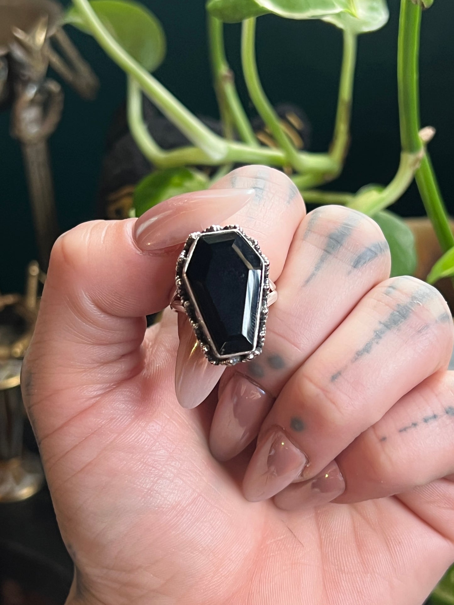 Sterling Black Onyx Coffin Ring