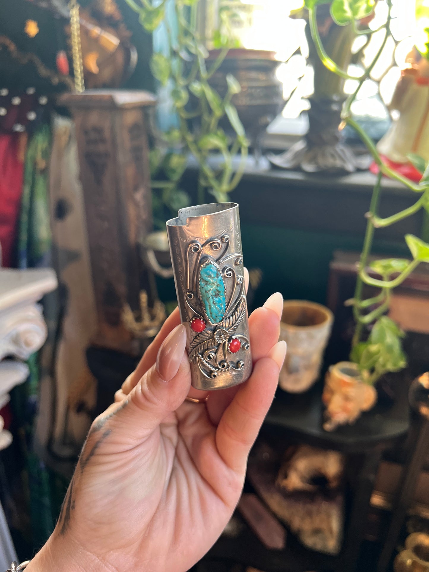 Silver Turquoise & Coral Lighter Cover