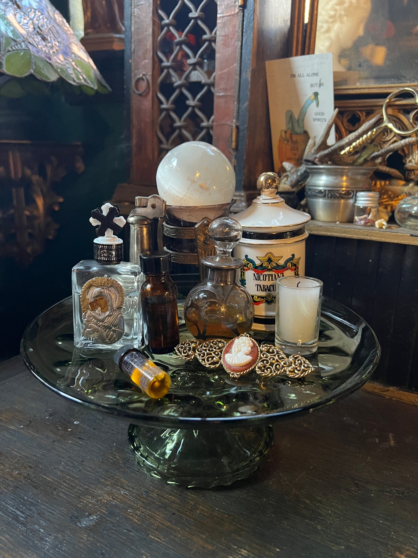 Thumbprint Green Glass Pedestal Dish