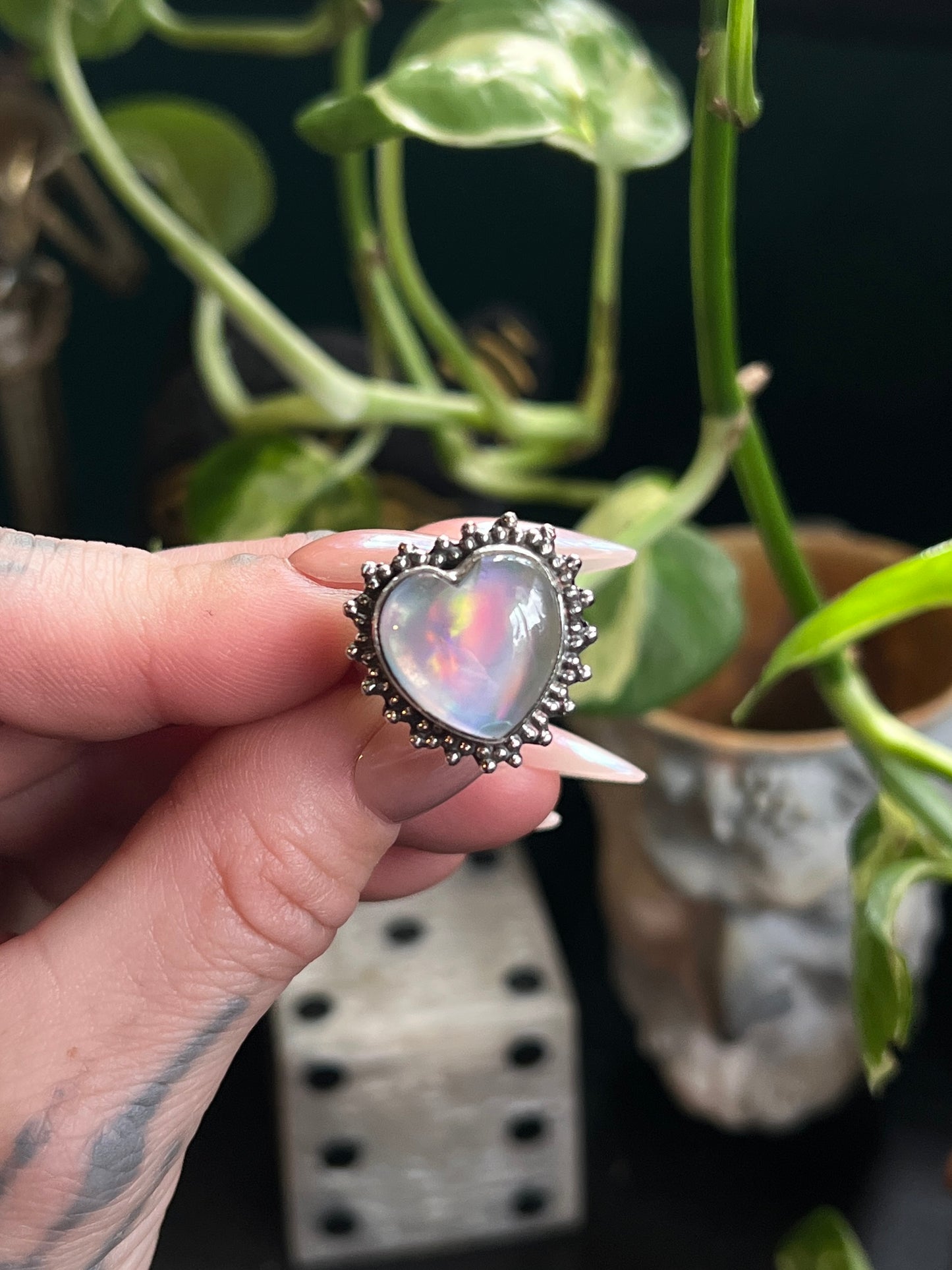 Sterling Silver Aurora Opal Heart Ring