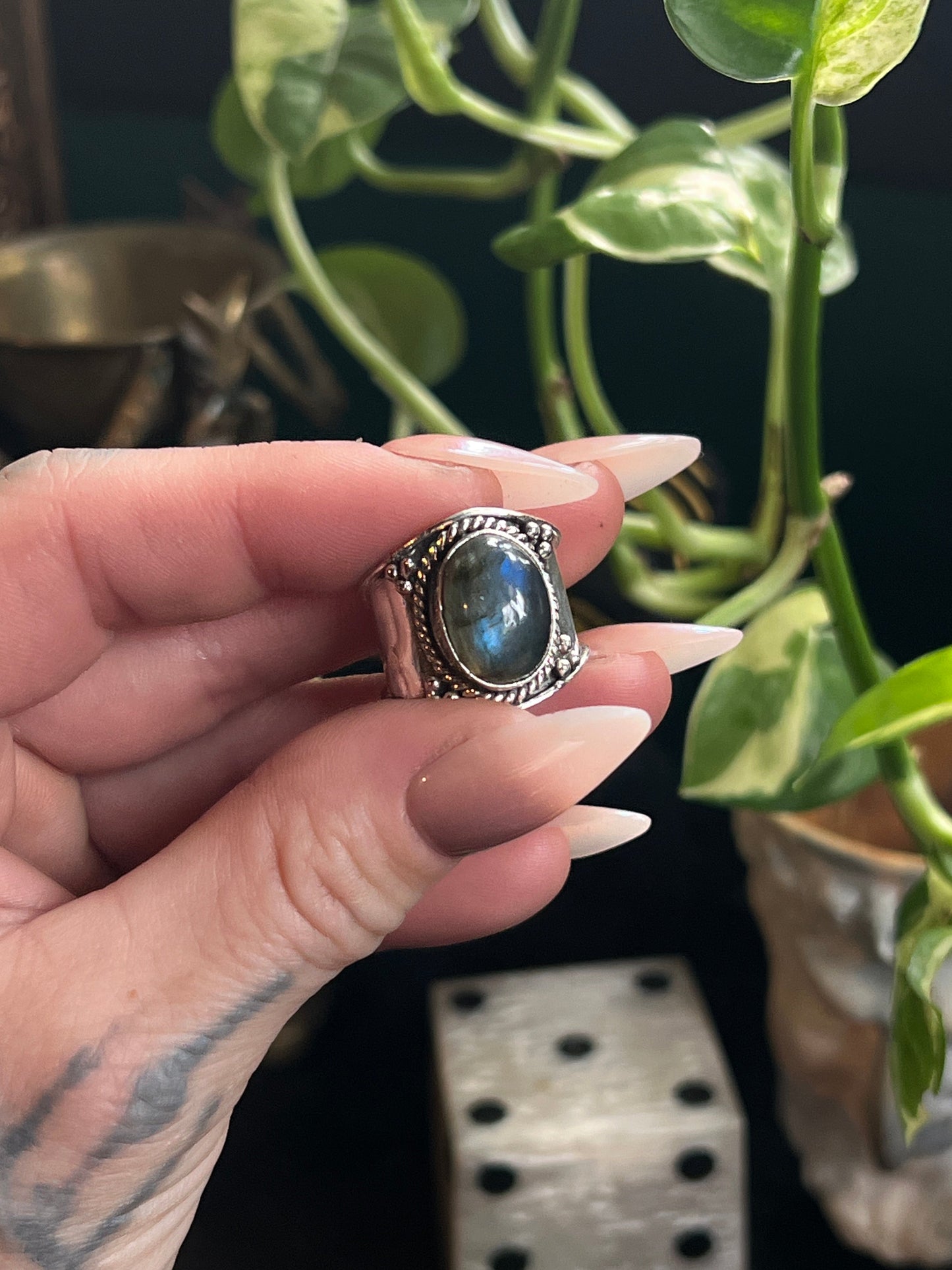 Midnight Aurora Labradorite Ring | Ornate Sterling Silver Wide Band