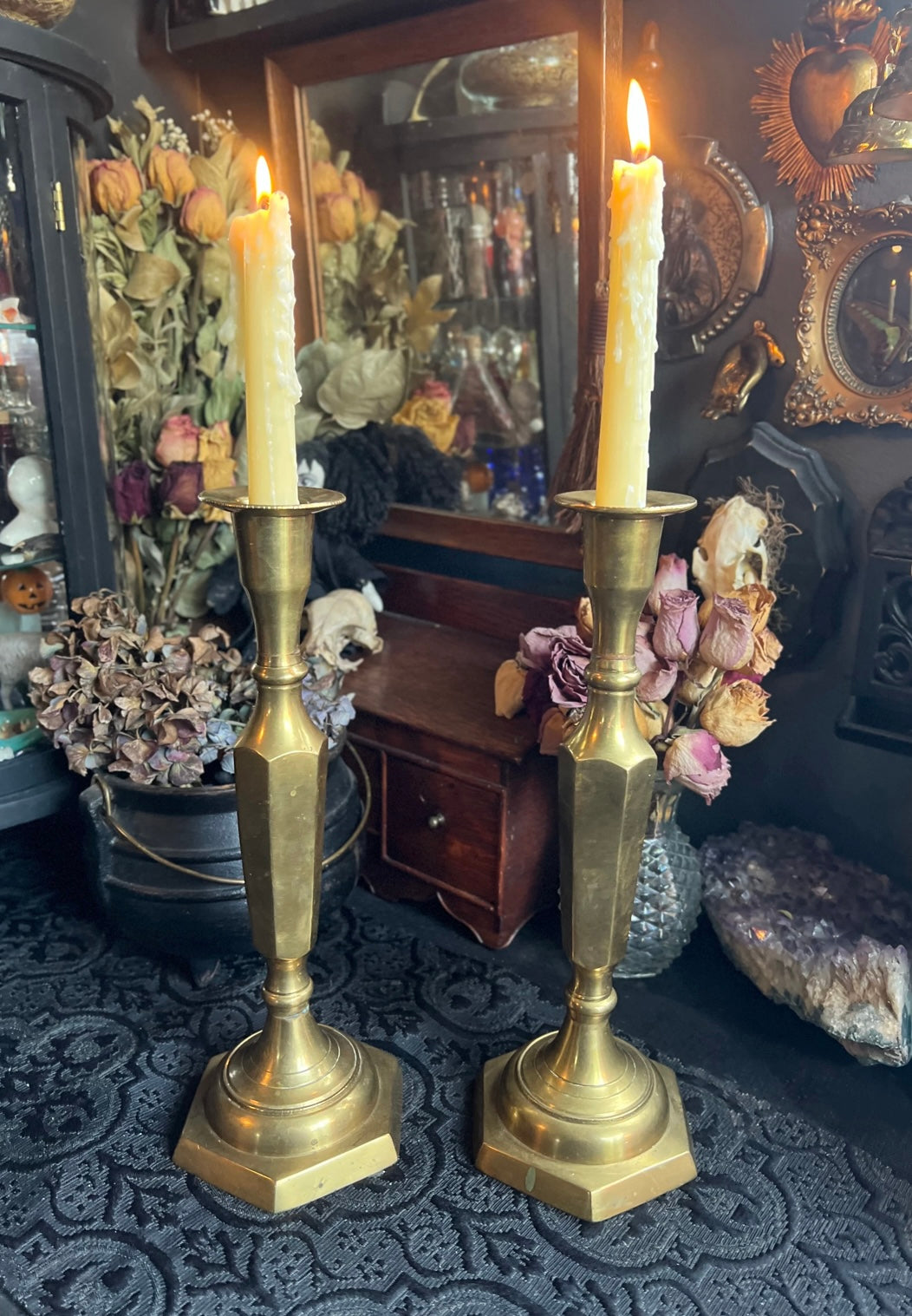 Pair of Solid Brass Hexagon Candle Holders