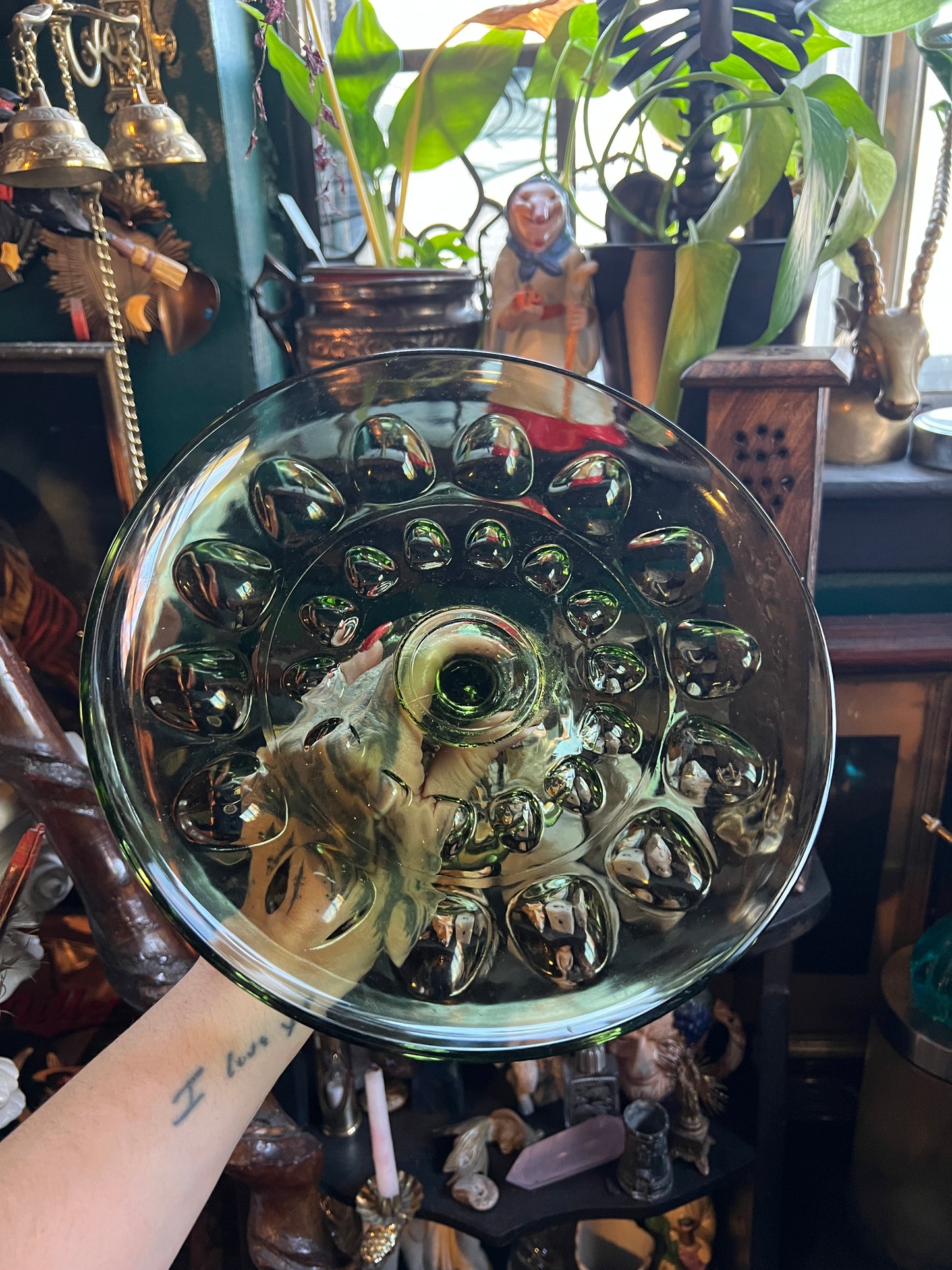 Thumbprint Green Glass Pedestal Dish
