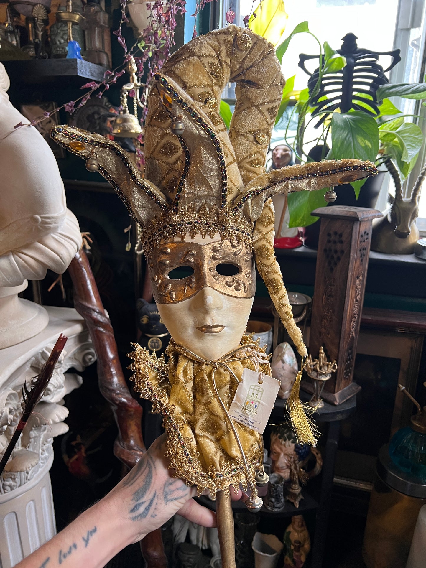 Ornate Gold Venetian Jester Mask Decorative Wand