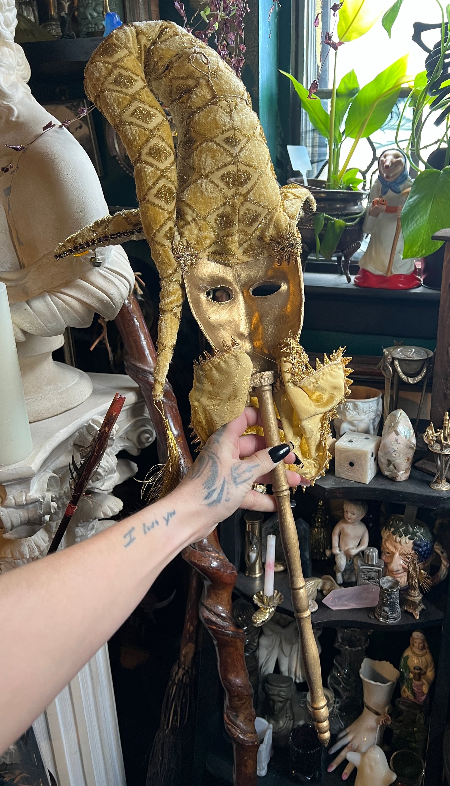 Ornate Gold Venetian Jester Mask Decorative Wand