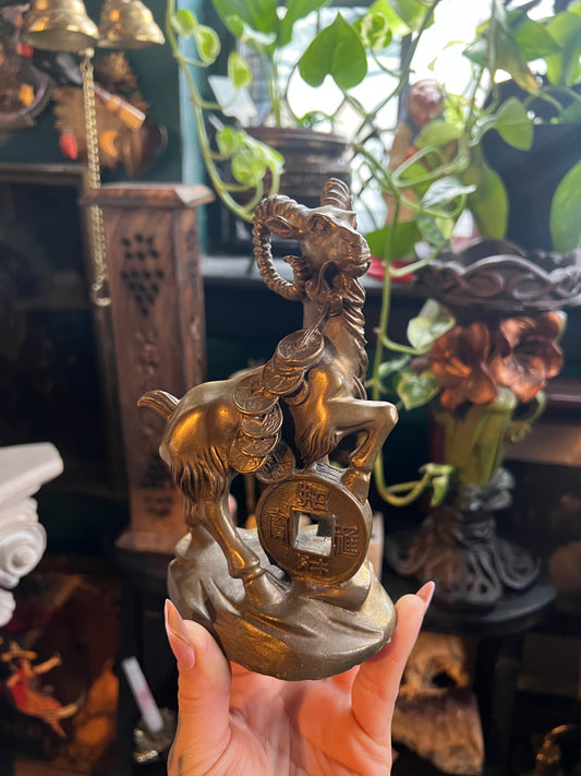 Vintage Solid Brass Chinese Zodiac Ram/Goat Wealth Statue