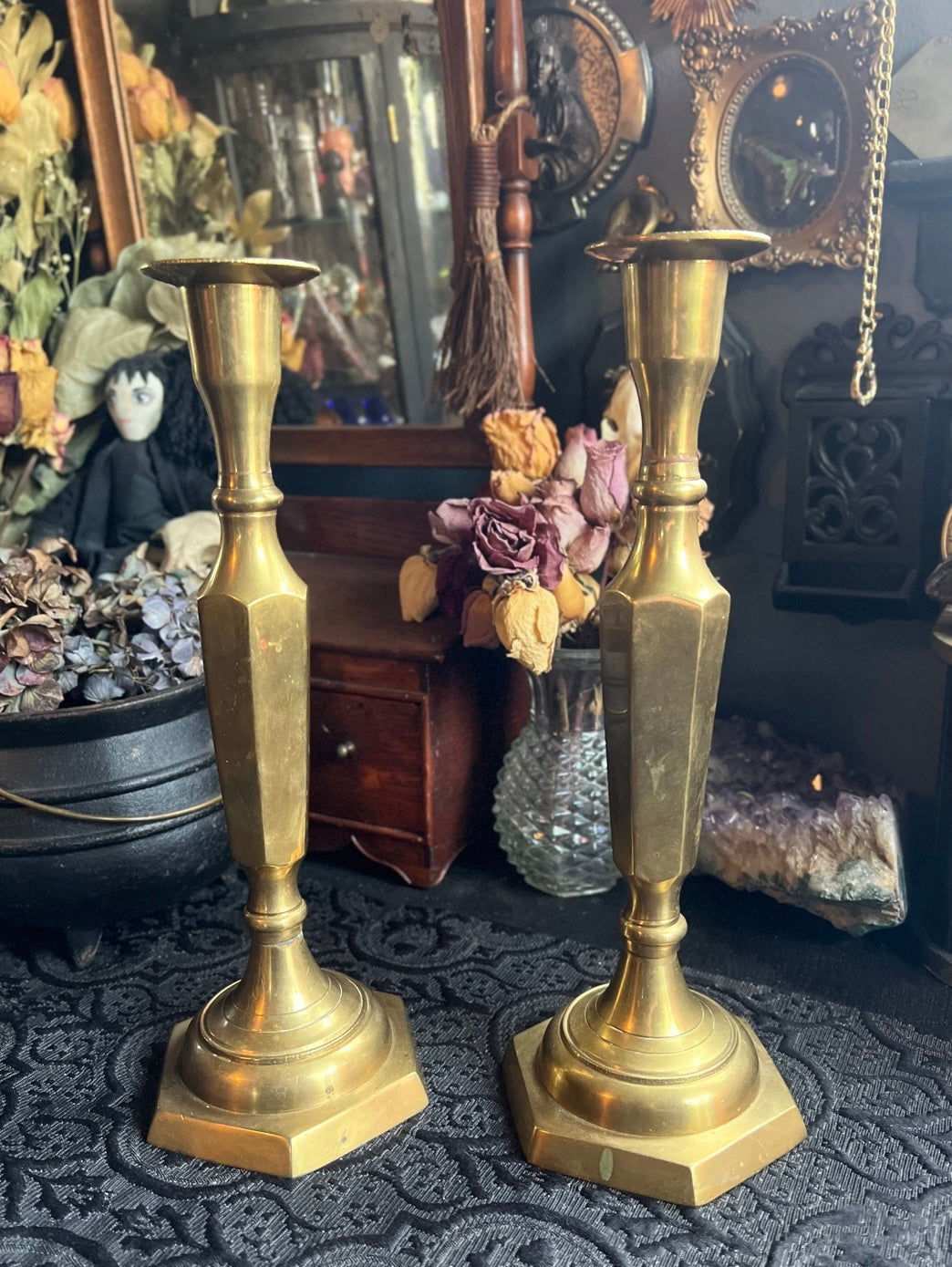 Pair of Solid Brass Hexagon Candle Holders