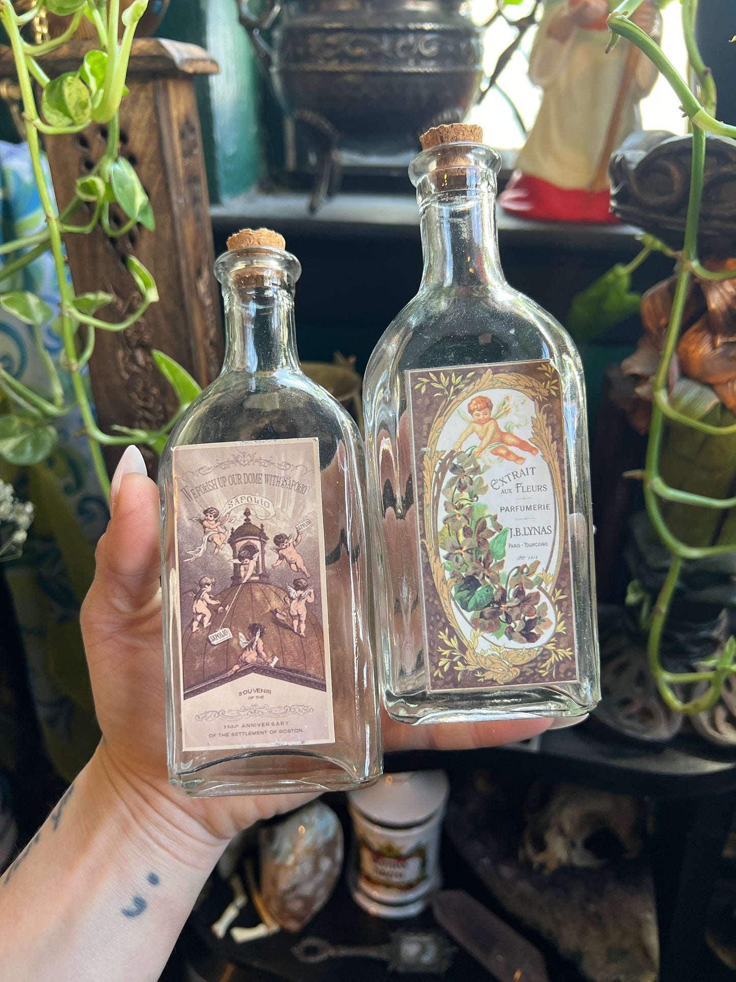 Vintage-Style Apothecary Bottles with Ornate Illustration Labels – Set of 2