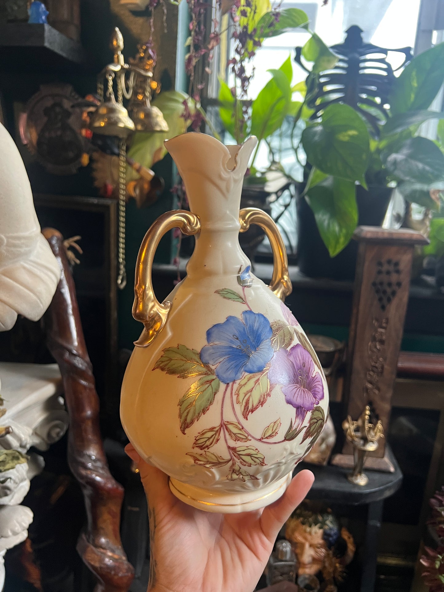 Antique Ivory Floral Hand Painted Double Handle Vase