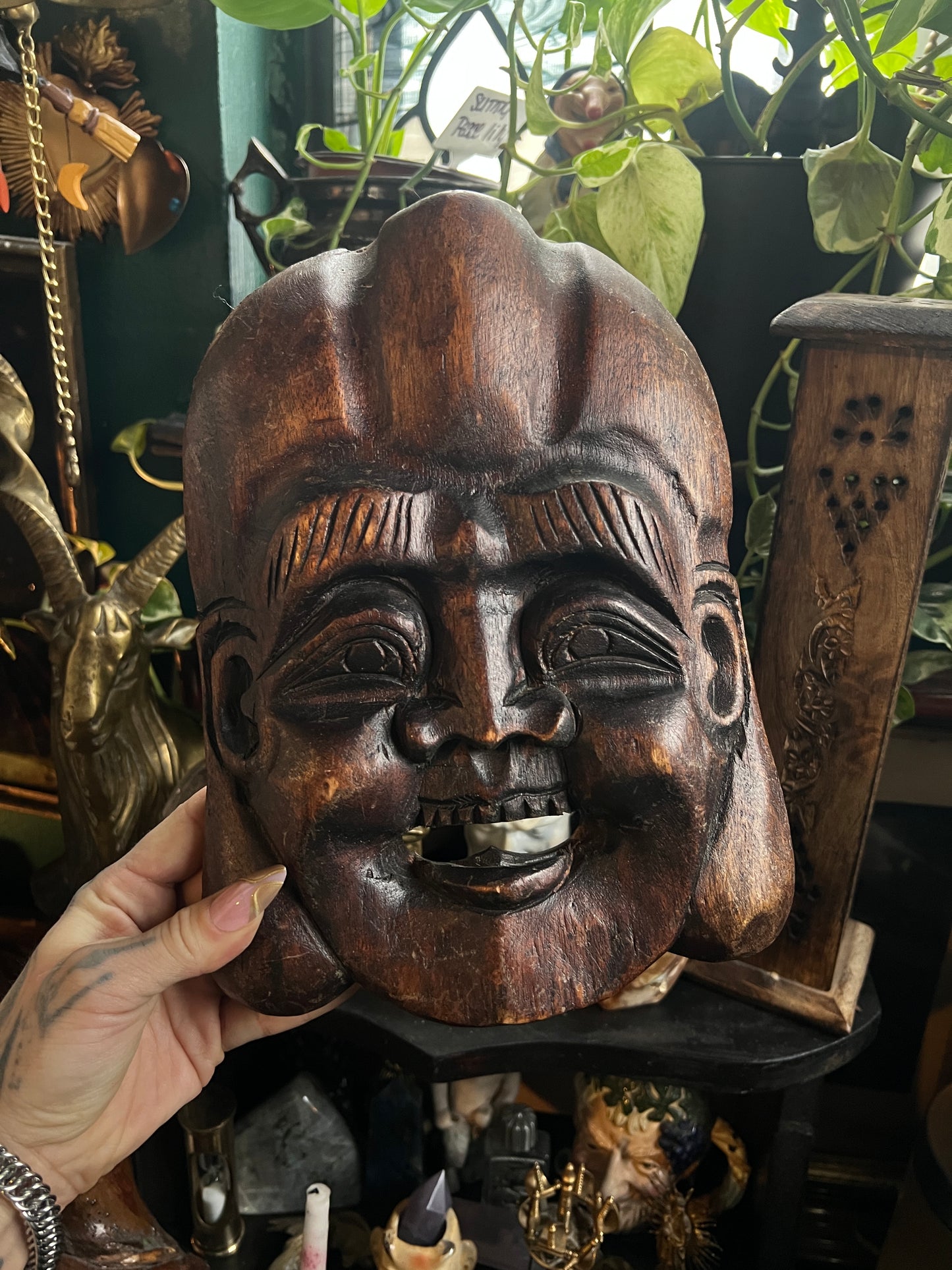 Hand Carved Wooden Laughing Buddha Mask
